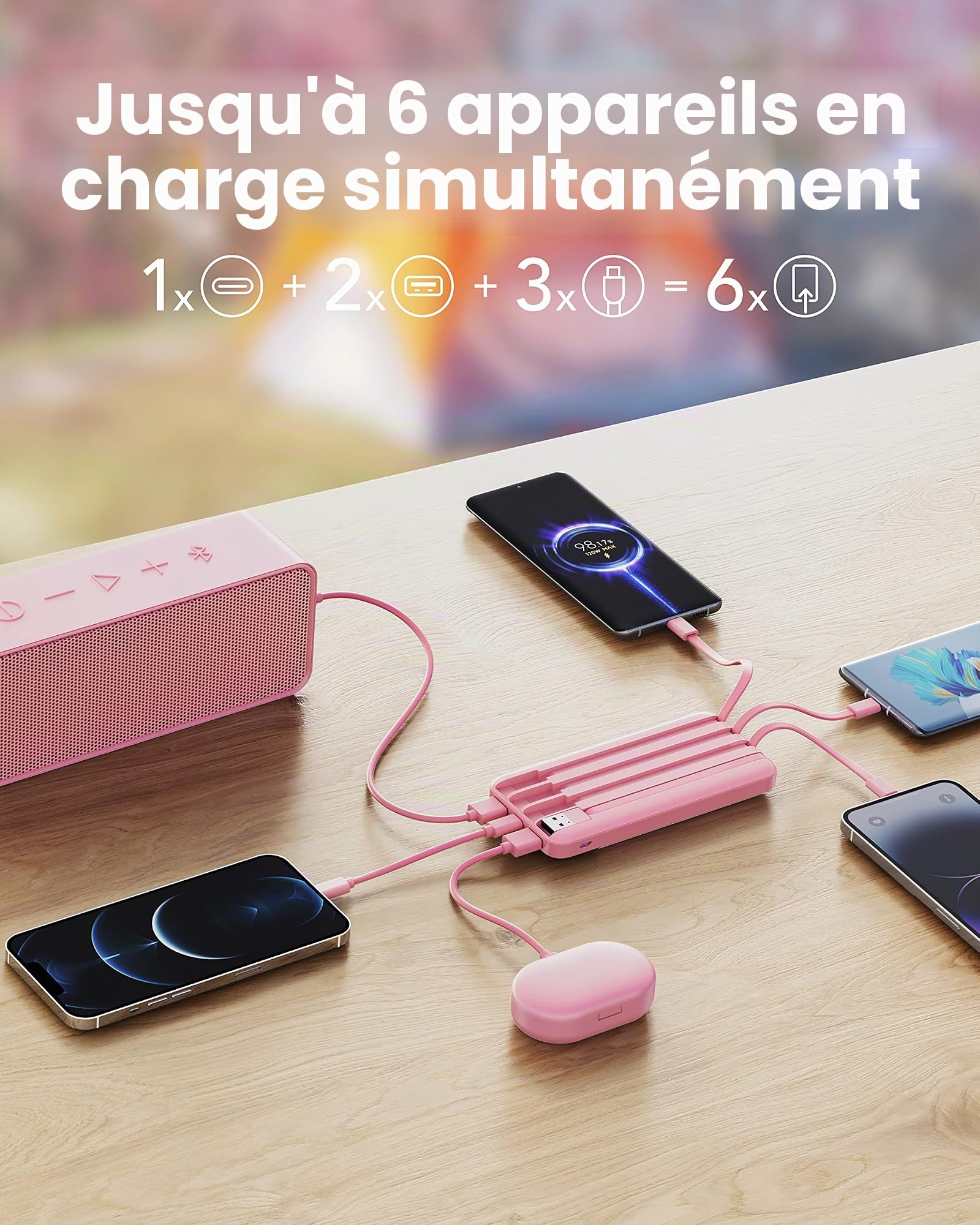 Charmast Batterie Externe 10000mAh avec 4 Câbles Intégrés Batterie Portable USB C Mince Power Bank avec 6 Sorties et 3 Entrées pour iPhone 12 13 11 Samsung S21 S22(Rose)