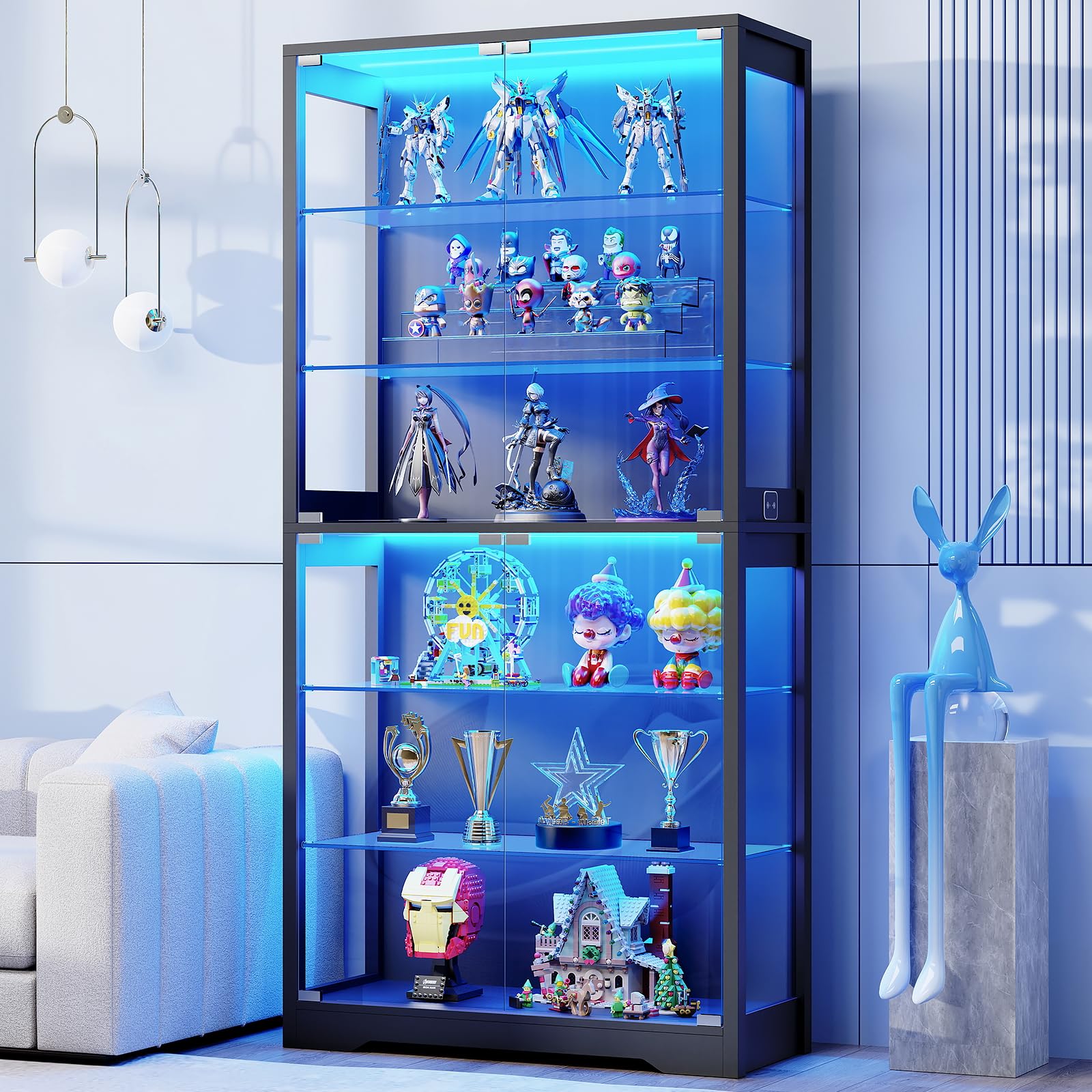 BROTTAR Vitrine 71 Pouces,Vitrine De Collection À 6 Étagères Meuble,Noir | Équipée De 3 Couleurs D'Éclairage,Équipée De Détecteur De Présence,avec Étagères en Verre Amovibles,Idéal pour Le Salon