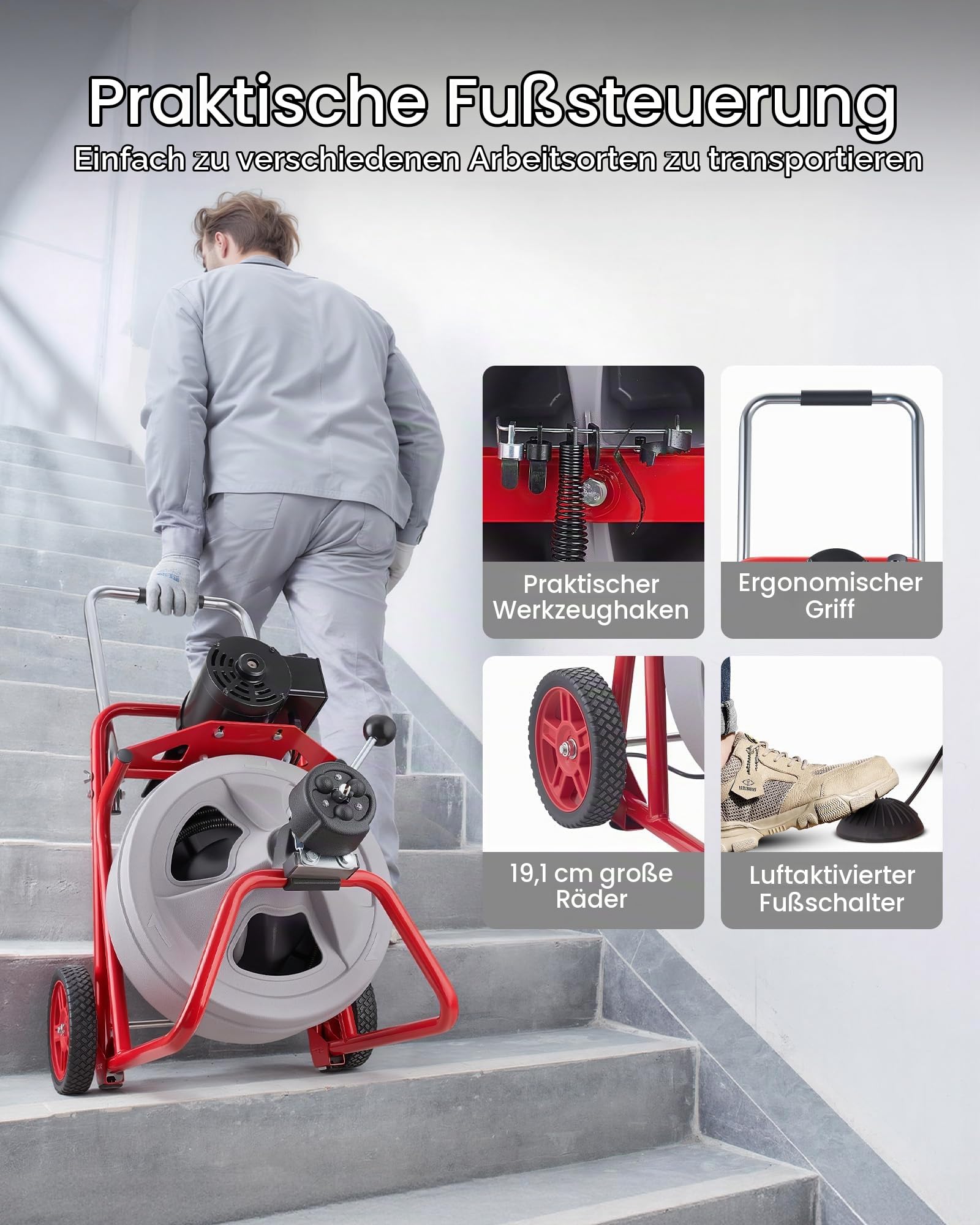 VEVOR Rohrreinigungsmaschine 30 m x 13 mm, Rohrreinigungsgerät mit Automatischem Vorschub, 8 Schneidwerkzeugen & Pneumatischem Fußschalter, Rohrreiniger für Rohrdurchmesser von 50 bis 150 mm