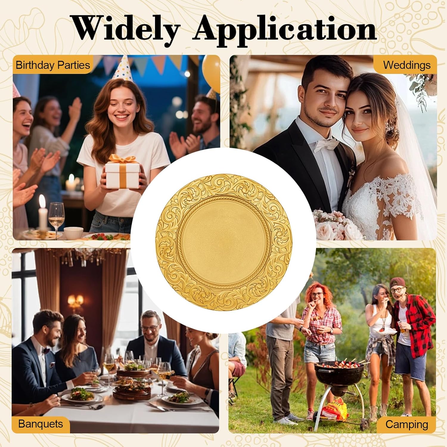 100 Pcs Gold Charger Plates Bulk, 13 Inch Round Charger Plate Set, Plastic Embossed Dinner Chargers Floral Plates for Wedding, Christmas, Party, Event, Decoration (Gold)