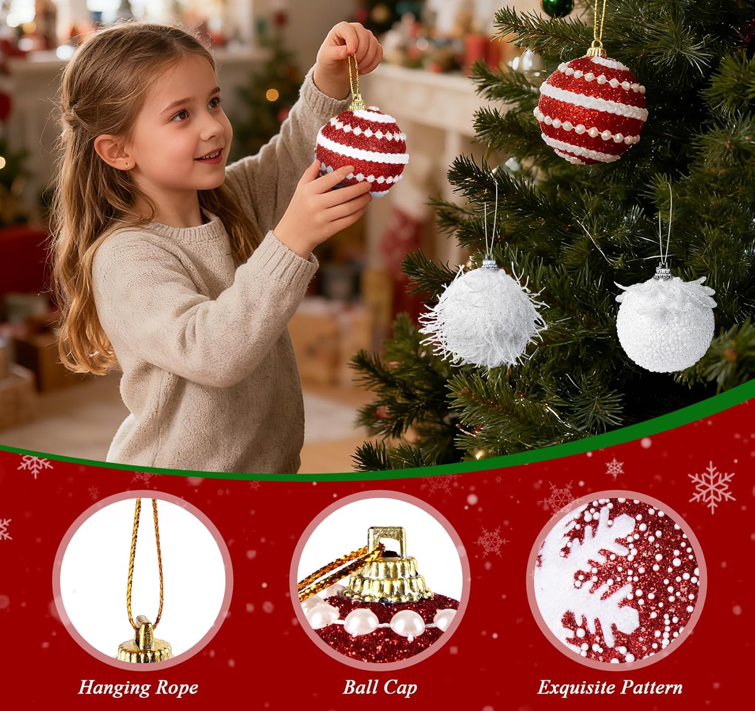 2.36" Christmas Tree Ball Ornaments, 16pcs Red & White Glittering Foam Shatterproof Hanging Christmas Ball Ornaments for Xmas Tree New Year Birthday Home Party Decorations - Image 4