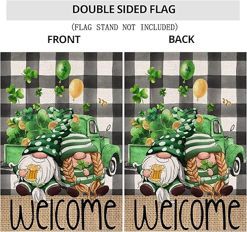 Miniatura 7 de Bandera de jardín para el día de San Patricio para exteriores, gnomos con trébol, camión, búfalo, bandera de patio pequeño, decoración de primavera