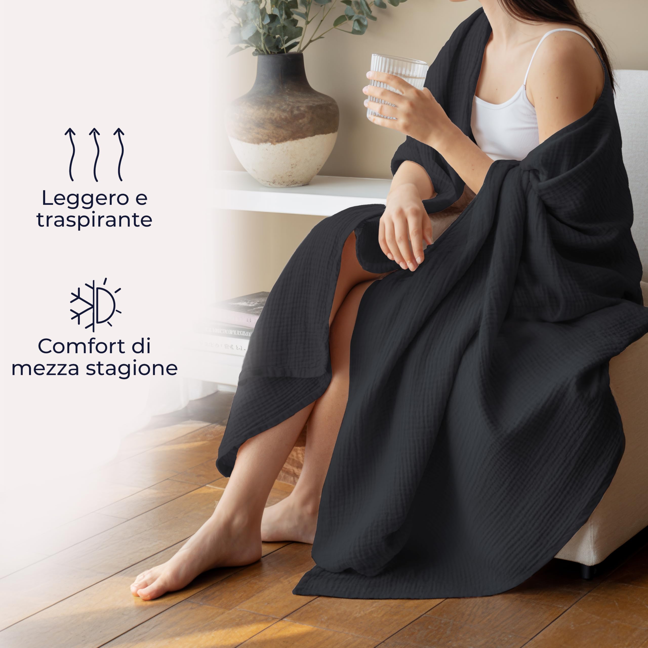 Dreamzie Coperta leggera in mussola 220x240 cm – 100% cotone – Coperta divano estiva e plaid traspirante – Copriletto leggero in garza di cotone certificata Oeko-Tex – Antracite