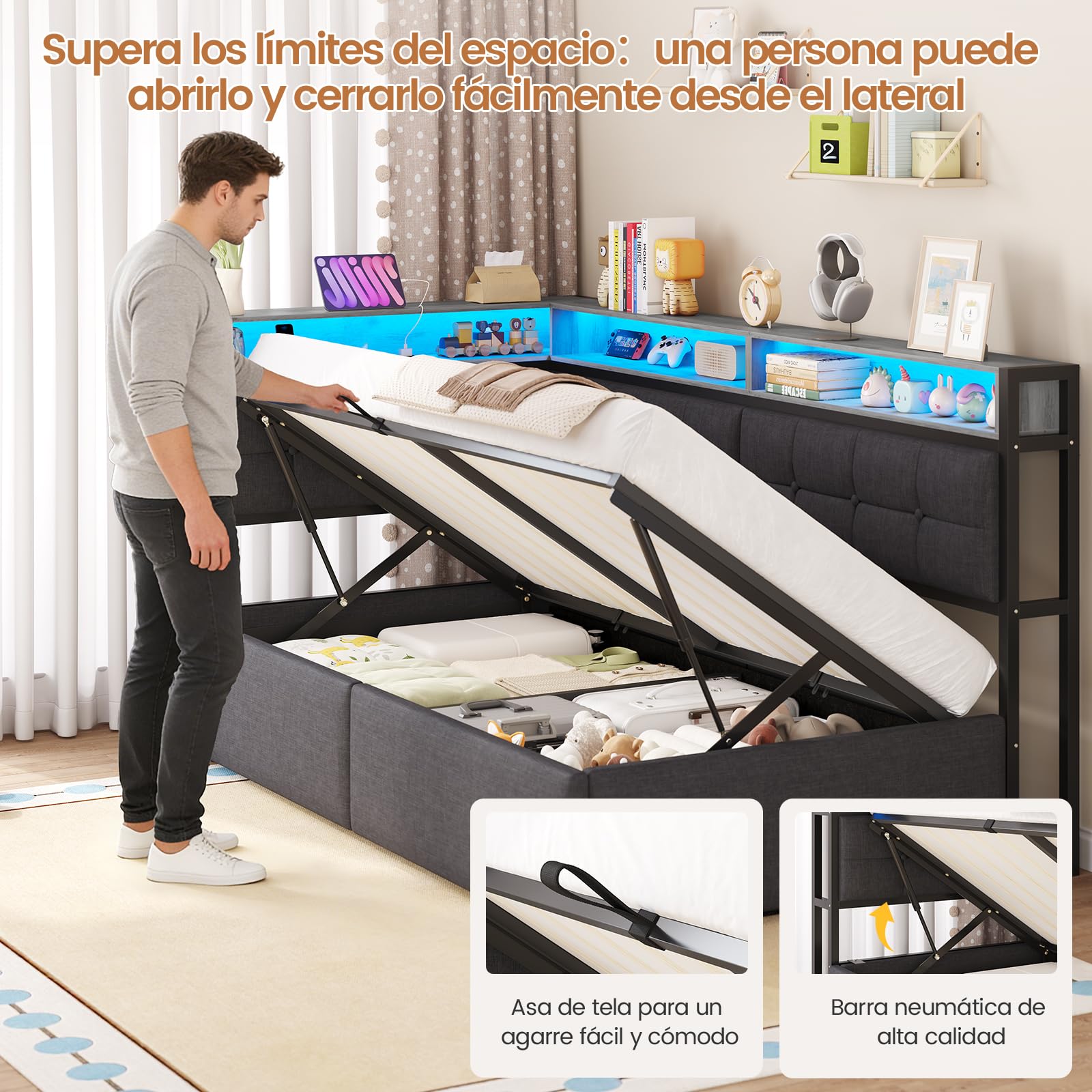 DICTAC Cama acolchada 90 x 190 cm con espacio de almacenamiento, LED y estación de carga, cama juvenil con cajón hidráulico, compartimento de almacenamiento de dos niveles, cama individual en gris