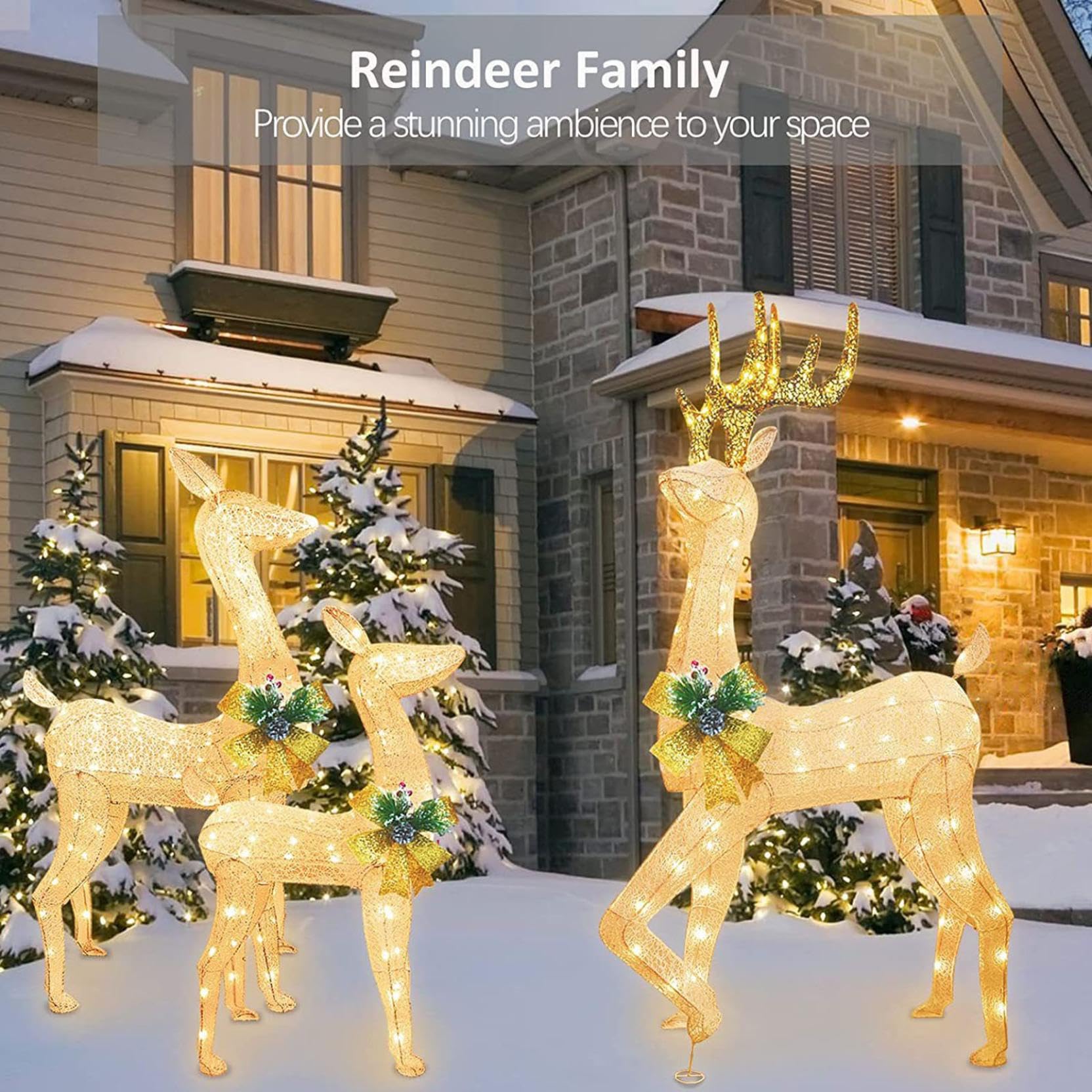 Beleuchtetes Weihnachts-Rentier Deko, LED-Reh im Freien mit Schleife, großes Hof- und Veranda-Display, festliche Urlaubslichter für Garten und Rasen, Xmas Outdoor Decor
