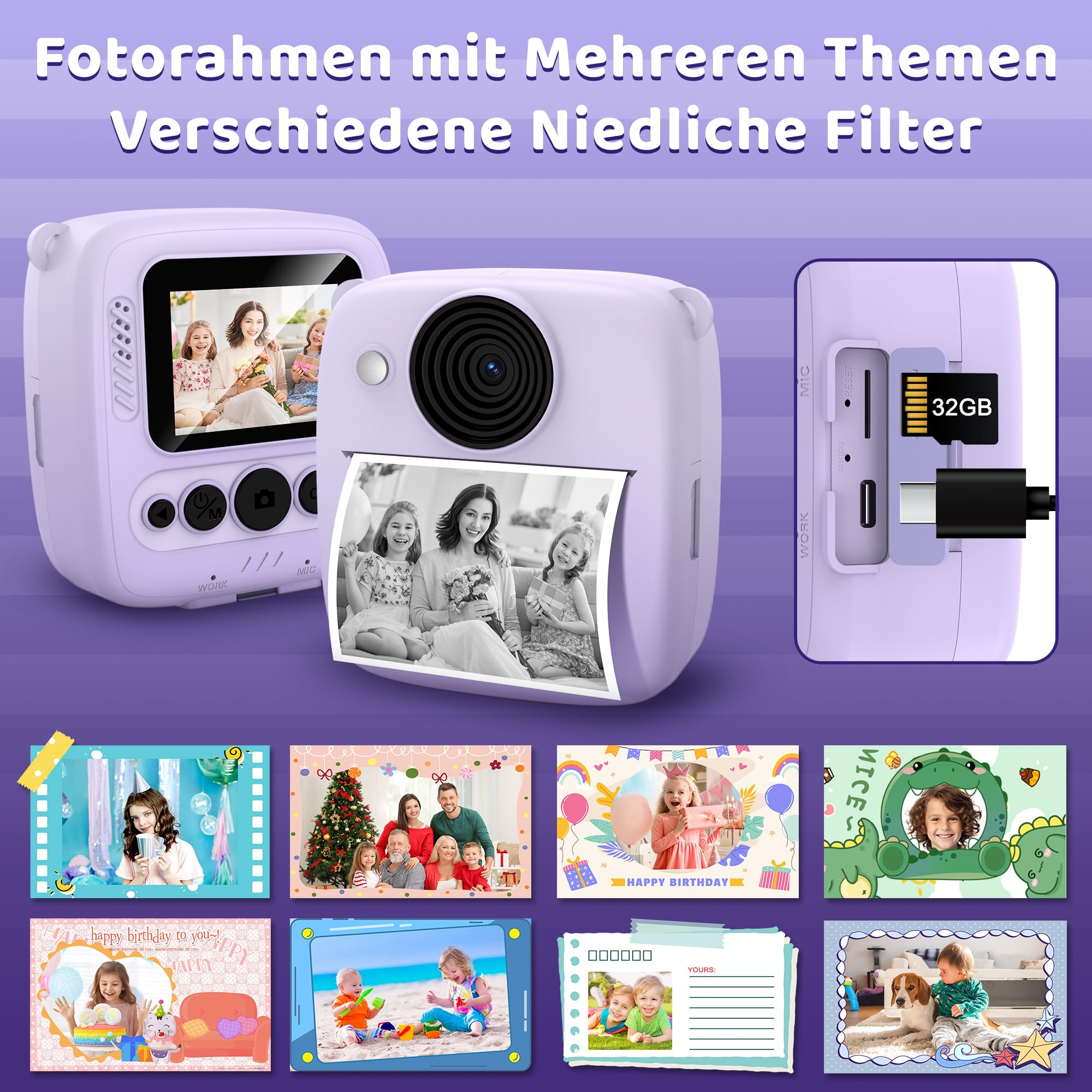 Kamera Sofortbildkamera, Kamera mit Karte & 4 Bände Druckpapier, 48MP Sofortbildkamera mit 1080P Digitalkamera für, Geschenke für Mädchen und Jungen von 3 bis 12 Jahre
