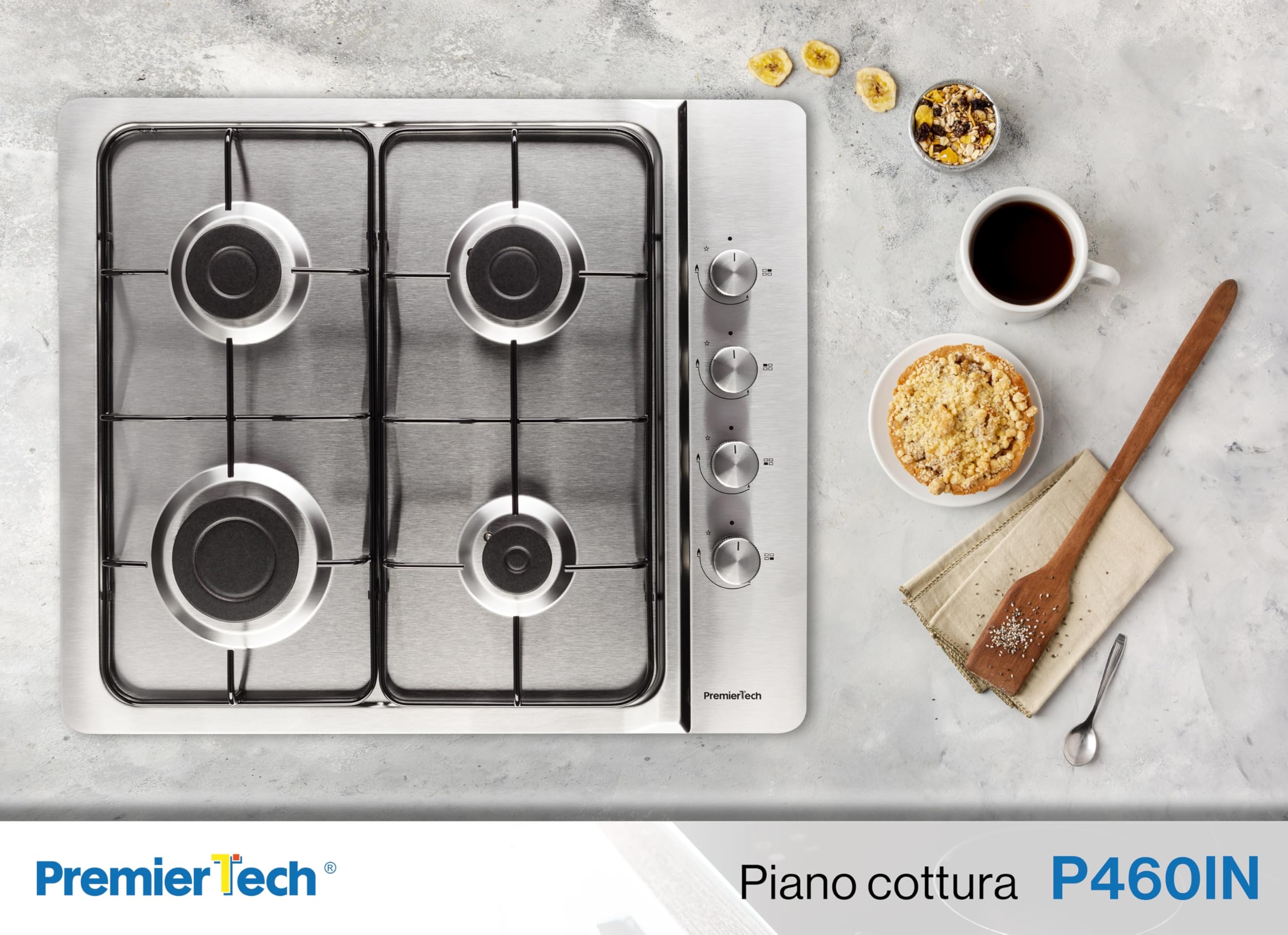 PremierTech Piano Cottura a Gas, 4 fuochi, 60cm, da Incasso 56x48cm, Acciaio Inox, predisposto Metano e kit ugelli GPL inclusi, P460IN