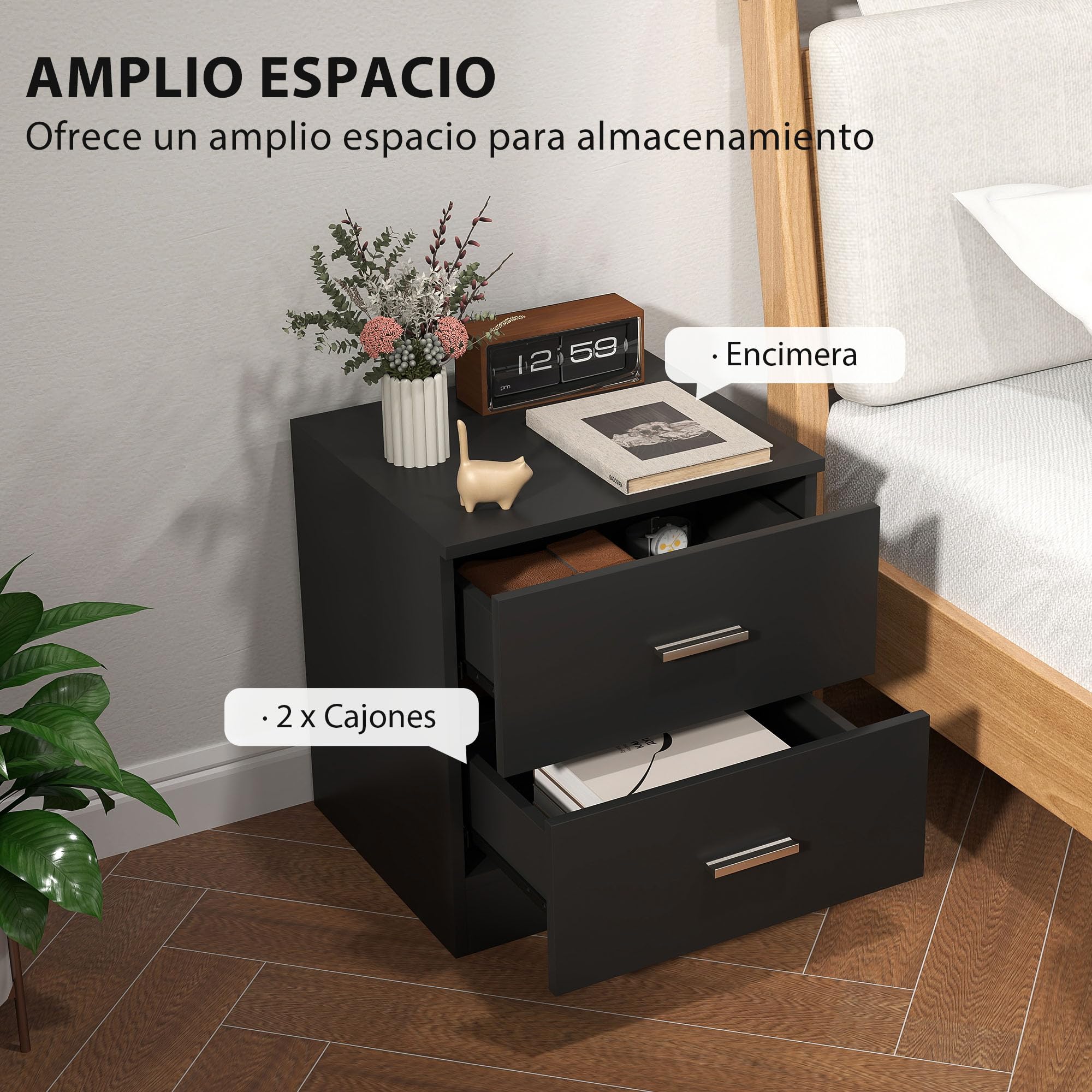 HOMCOM Mesita de Noche Moderna, Mesilla de Noche Dormitorio con 2 Cajones, Mesita Auxiliar para Salón, Dormitorio, Vestuario, 45x39,5x49 cm, Negro