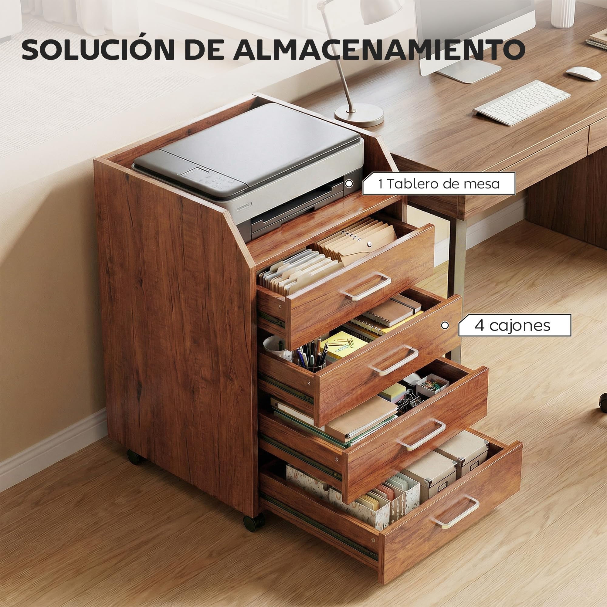 Vinsetto Cassettiera da scrivania con ruote, cassettiera da ufficio con 4 cassetti, schedario mobile per studio, salotto, da posizionare sotto la scrivania, 40x36x65 cm, marrone
