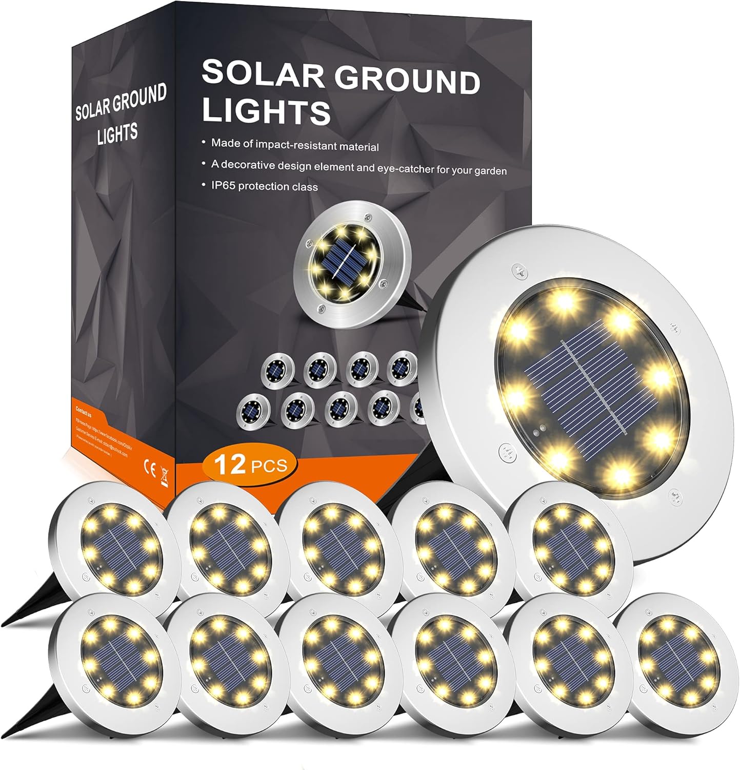 INCX 8 LED Garden Lights Solar Powered,Disk Lights Waterproof In-Ground Outdoor Landscape Lighting for Patio Pathway Lawn Yard Deck Driveway Walkway,Warm White 12 Packs Warm 12 pack