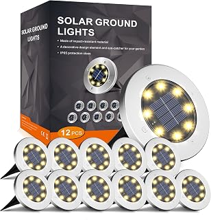 INCX Solar Ground Lights, 8 LED Garden Lights Solar Powered,Disk Lights Waterproof In-Ground Outdoor Landscape Lighting for Patio Pathway Lawn Yard Deck Driveway Walkway,Warm White 12 Packs