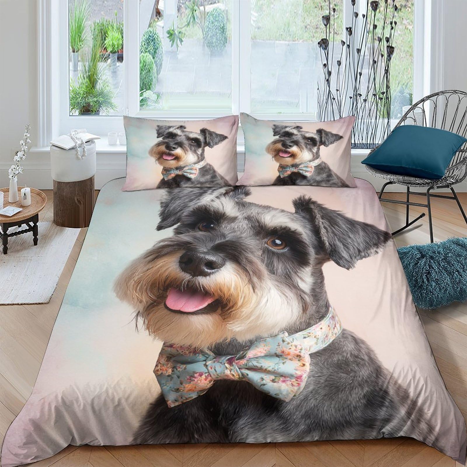 Ctjqhvkz Style-2 3D Printed Schnauzer Dog Fitted Sheet Microfiber Soft Breathable Bow Tie Pet Bed Cover For Bedroom Guest Room Decor Single（135X200cm）