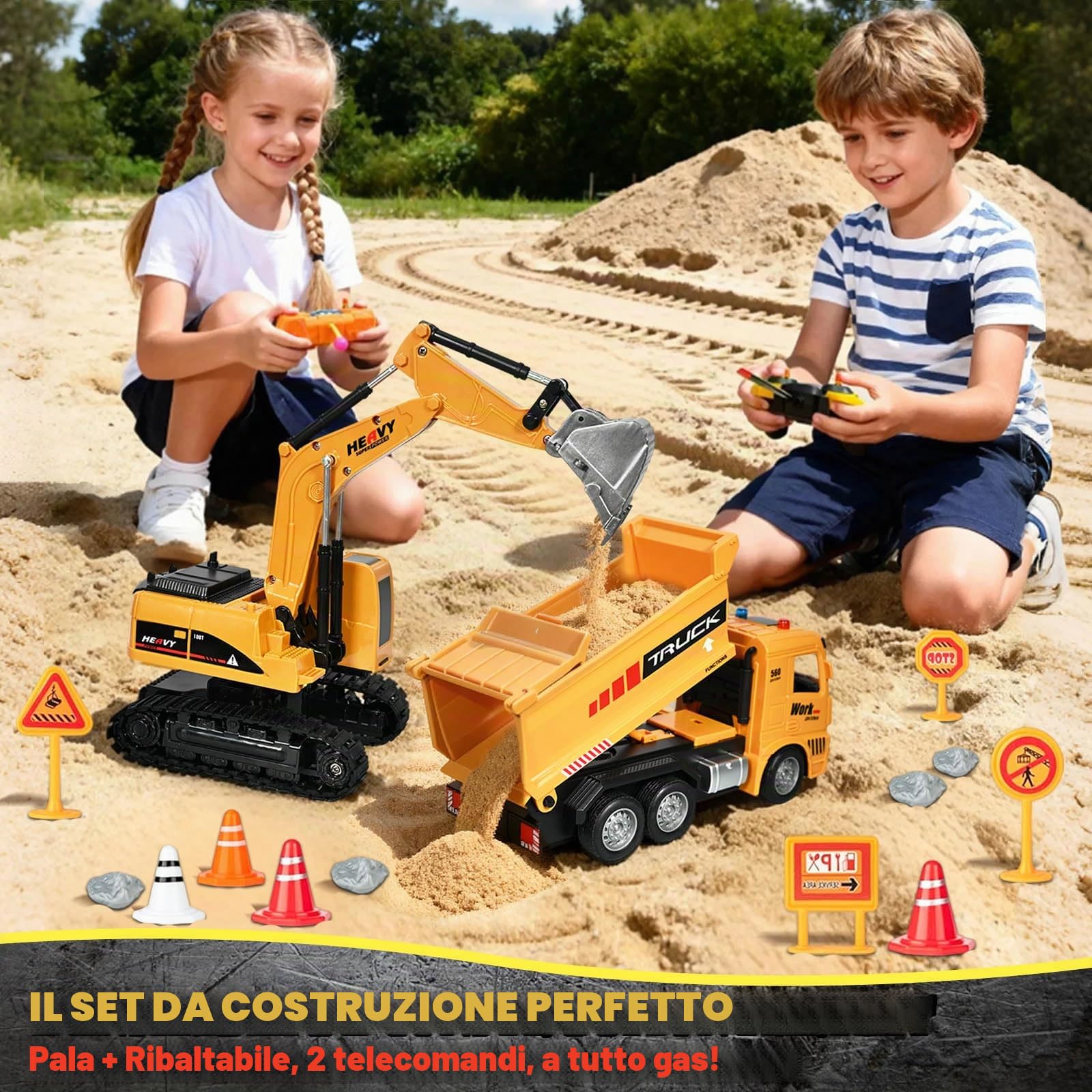Escavatore Radiocomandato e Camion Ribaltabile Telecomandato, 2 RC Veicoli da Costruzione con Segnali Stradali, Barriere, Pietre Simulate, Luci e Rumori, Regalo di Compleanno per Bambini 6 Anni