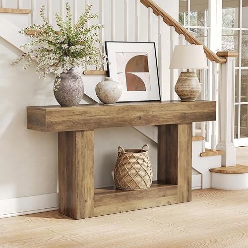 LITTLE TREE 63 Inches Long Console Table, 2-Tier Farmhouse Sofa Table Behind Couch, Large Narrow Entryway Table for Living Room, Wooden Hallway Foyer Table with Heavy Duty Base, Rustic Brown