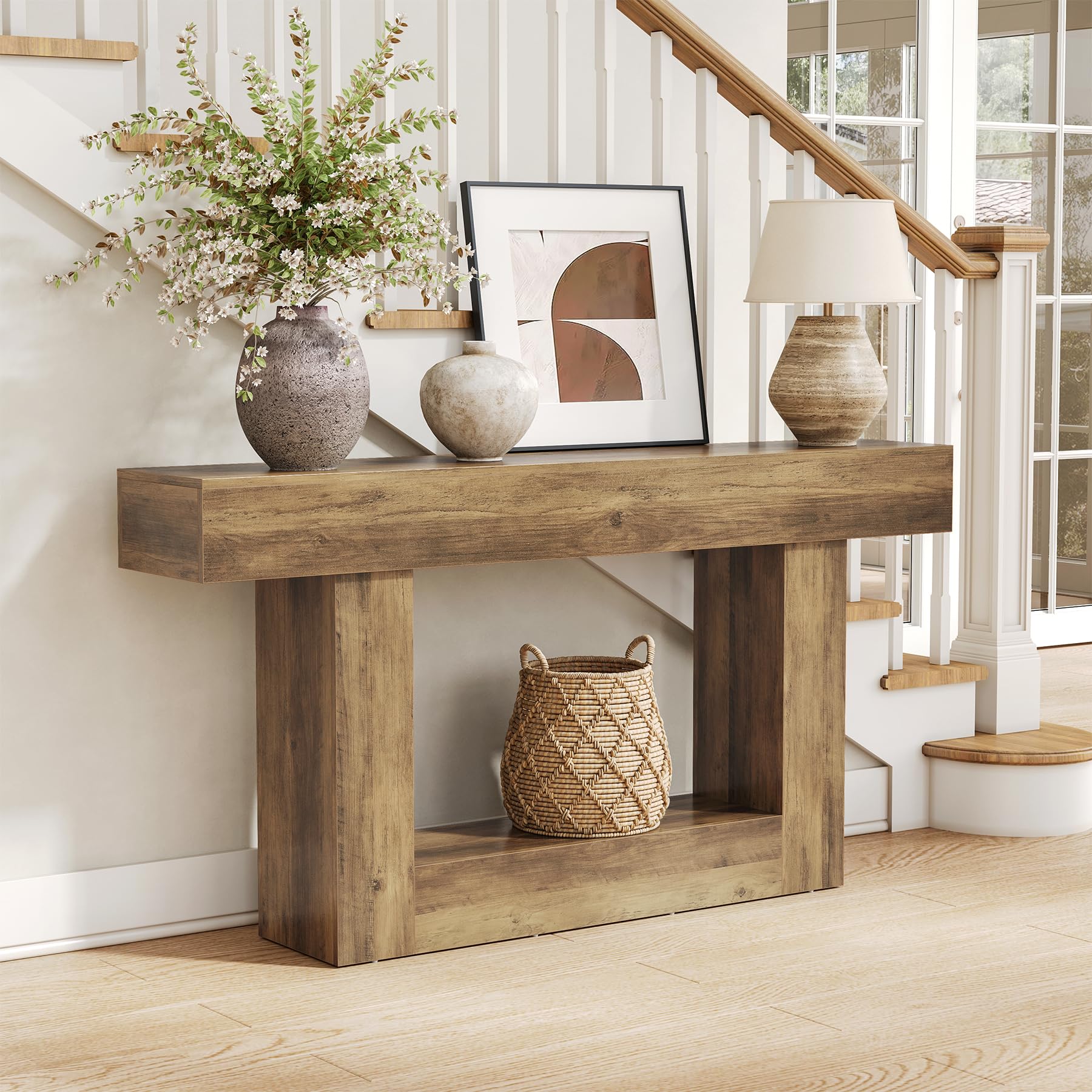 little tree 63 inches long console table, 2-tier farmhouse sofa table behind couch, large narrow entryway table for living room, wooden hallway foyer table with heavy duty base, rustic brown