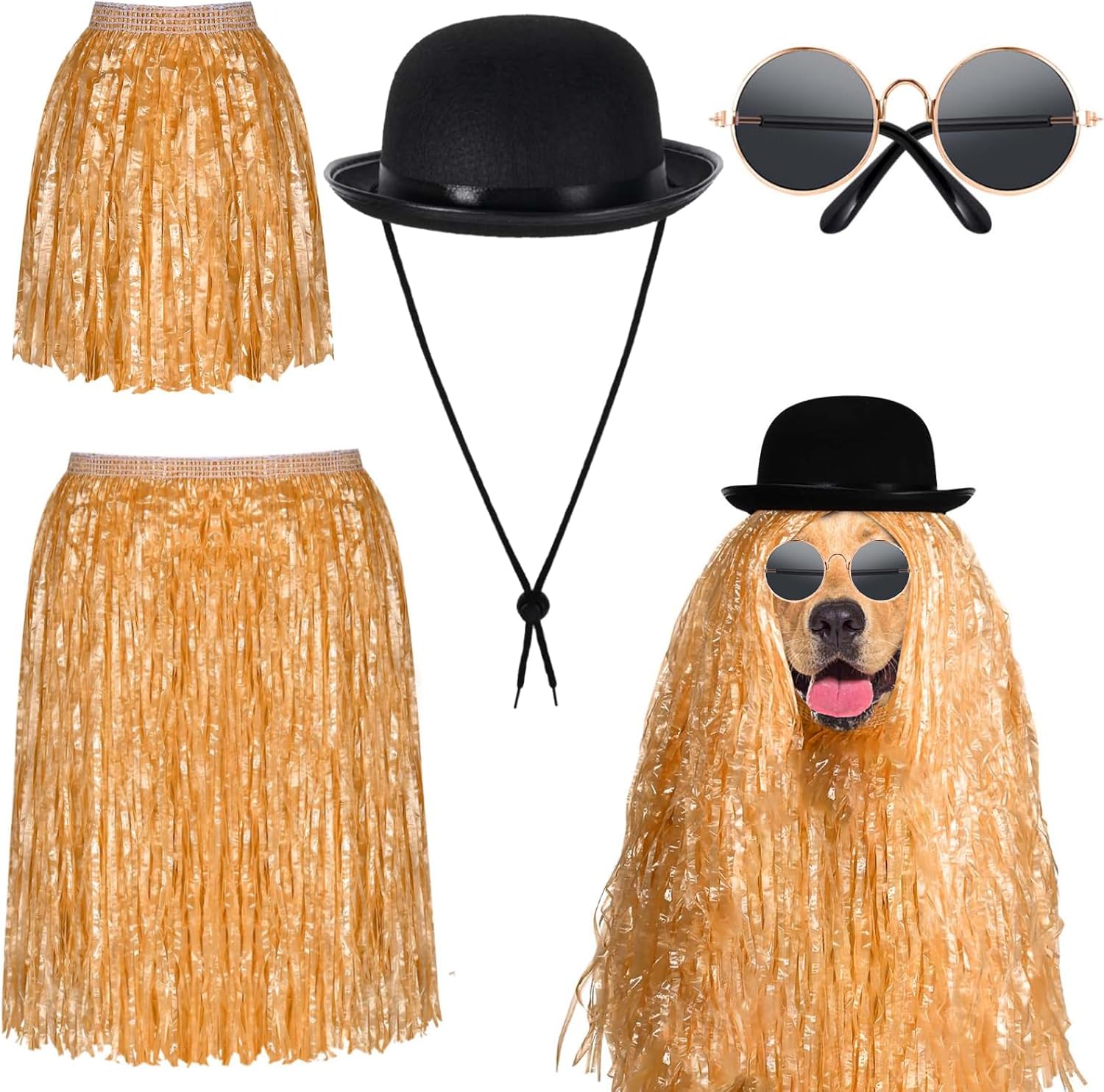 4 Pcs Pet Halloween Costume Include Derby Hat,Luau Hula Skirts and Round Sunglasses for Halloween Funny Dog Pet Costume Cosplay