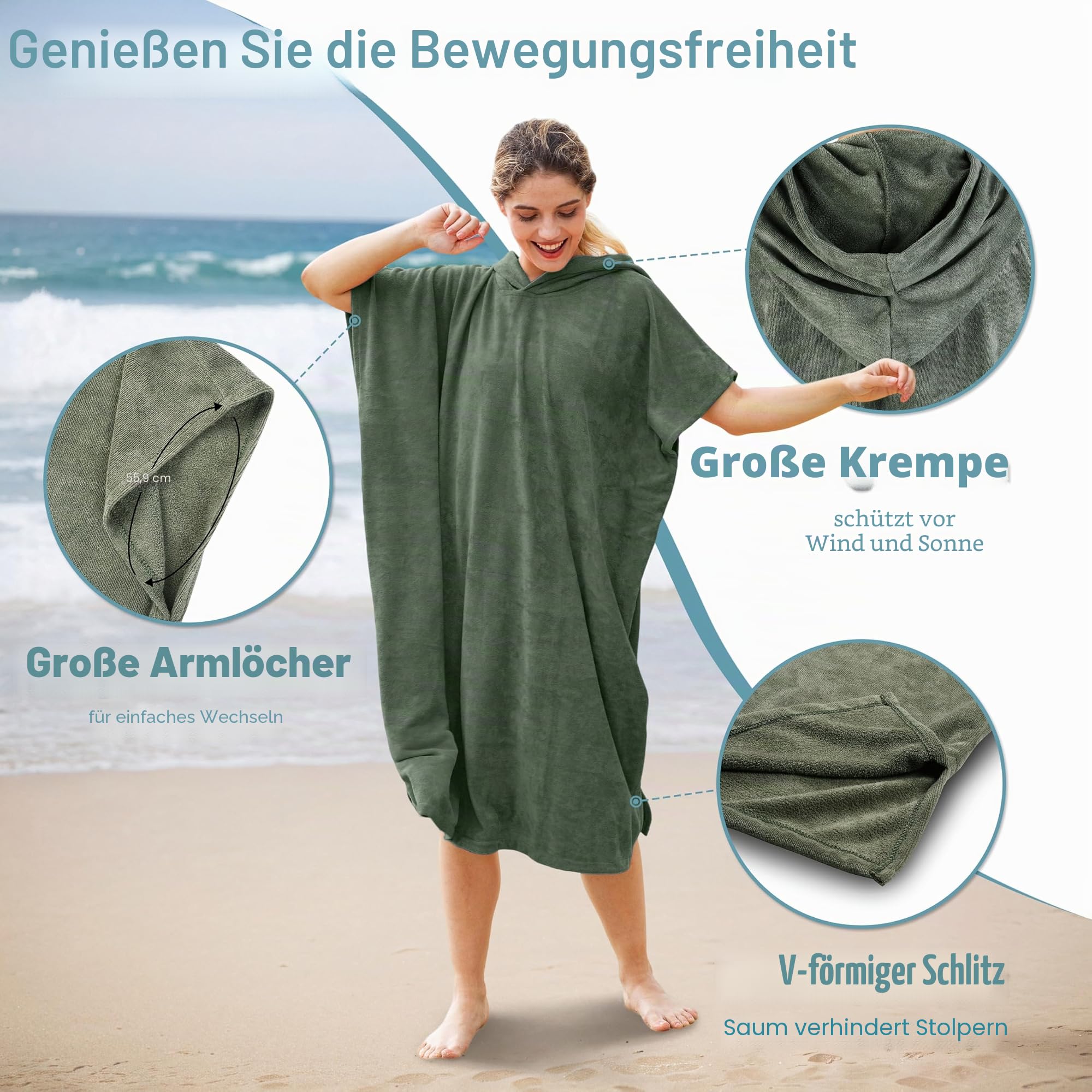 Kato Tirrinia Surf Poncho Umziehhilfe Strand für Damen Herren, Badeponcho mit Kapuze Absorbierender Winddichtes, Handtuch Poncho als Umziehhilfe für Surfer Schwimmen Camping Sauna Baden, Armeegrün