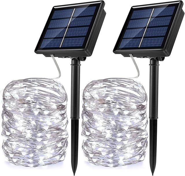 Solar String Lights, 2 Pack 100 LED Solar Fairy Lights 33 ft 8 Modes Copper Wire Lights Waterproof Outdoor String Lights for Garden Patio Gate Yard Party Wedding Indoor Bedroom (Cool White)