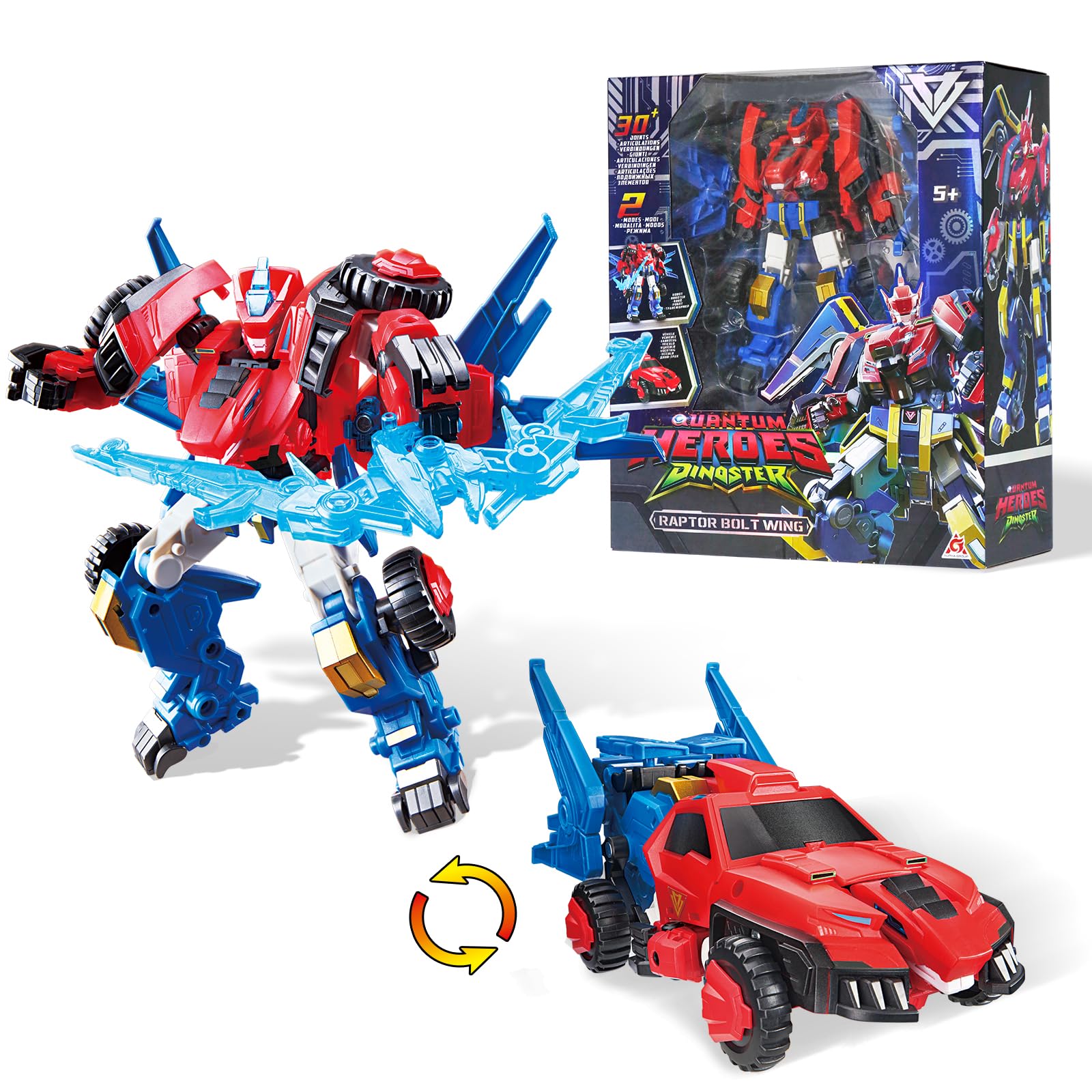 Quantum Heroes DINOSTER Verwandlungsroboter 2 in 1 Raptor Bolt Wing, 8,66 Zoll, Kinder Roboter Spielzeug, Chariot Transformable Spielzeug für Jungen und Mädchen 5 6 7 8 9 10 Jahre, Rot Blau