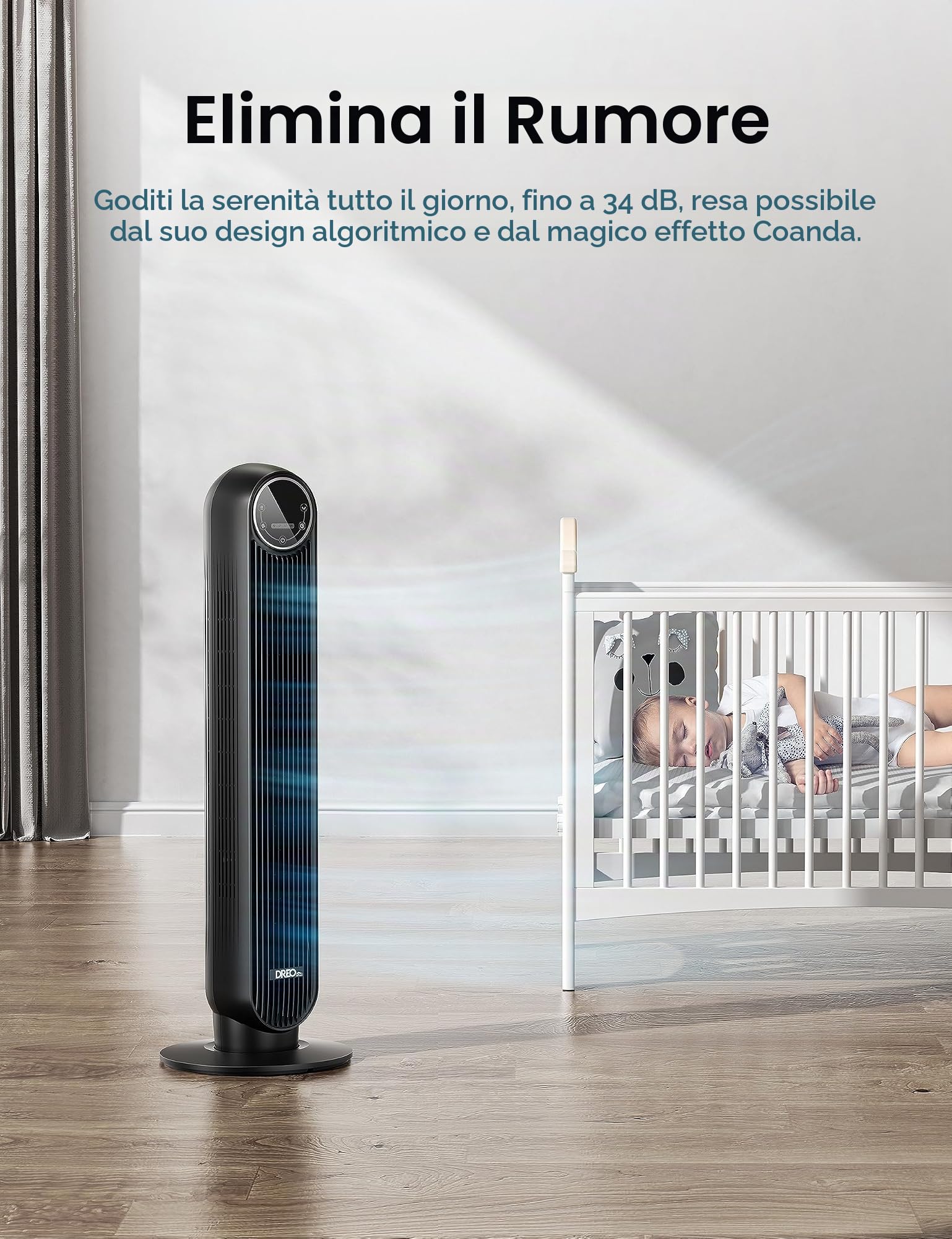 Dreo 20dB Ventilatore a Torre 92 cm, Ventilatore a Colonna Silenzioso per la Camera da Letto, con Telecomando, Potente 7.6 m/s, 4 Modalità, 4 Velocità, Oscillazione a 90°, Timer da 1 a 8 ore, Display