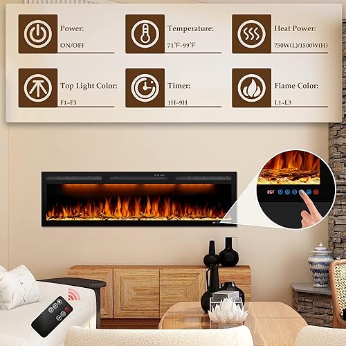 Miniatura 4 de Dreamflame Chimenea eléctrica empotrada y montada en la pared de 60 pulgadas, pantalla ancha y marco ultrafino, llama realista, calentamiento rápido