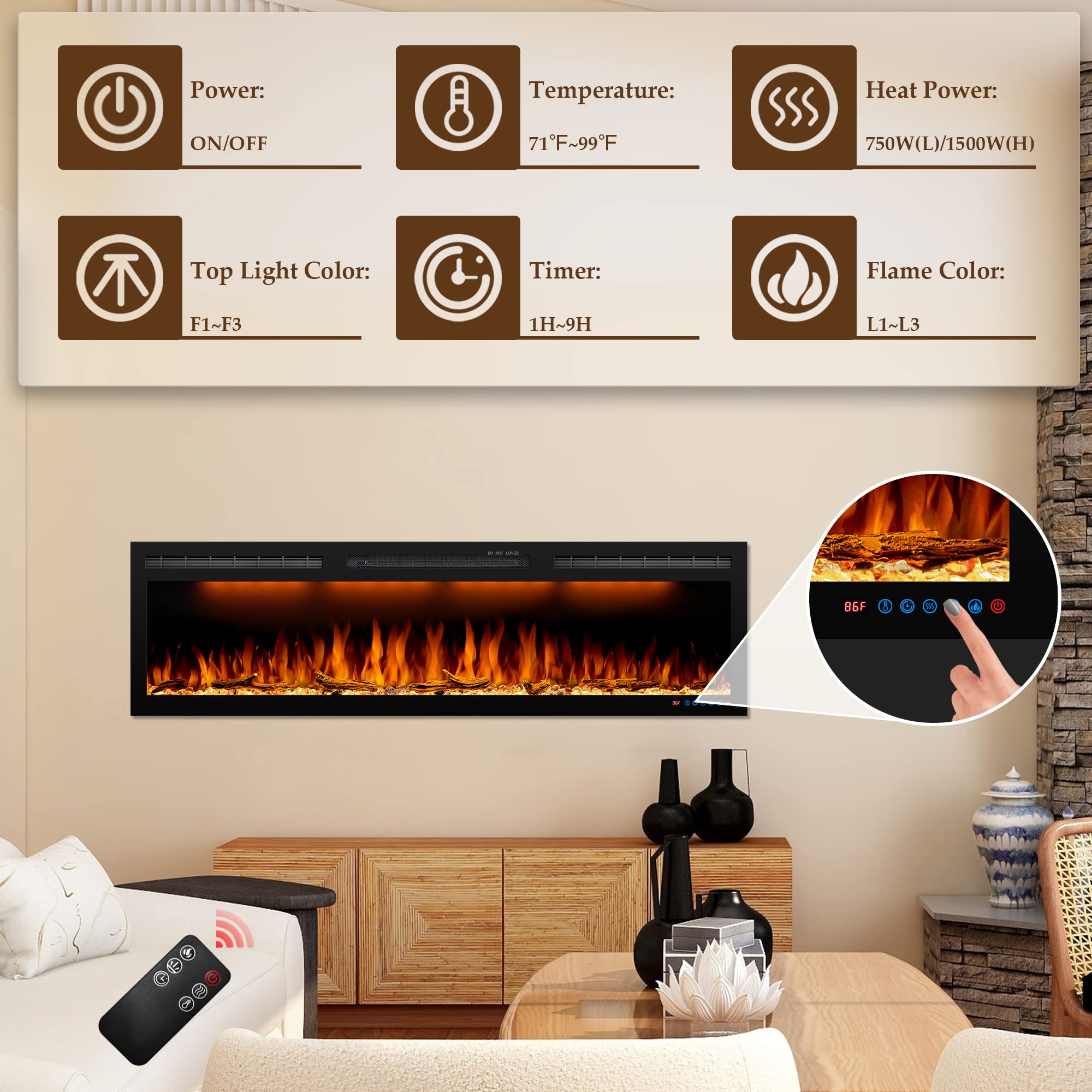 Diagram showing the functions of the fireplace control panel and remote control, including power, temperature, heat power, top light color, timer, and flame color.