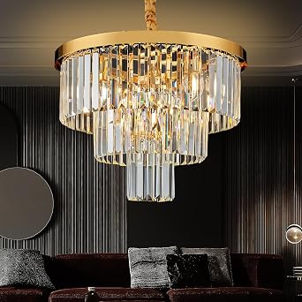 Gold Crystal Chandelier 20" Modern Chandelier 3 Tiers 6 Lights Pendant Lighting Crystal Ceiling Light Round Chandelier for Dining Room Kitchen Island Living Room Entryway Bedroom Office