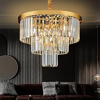 Gold Crystal Chandelier 20" Modern Chandelier 3 Tiers 6 Lights Pendant Lighting Crystal Ceiling Light Round Chandelier for Dining Room Kitchen Island Living Room Entryway Bedroom Office