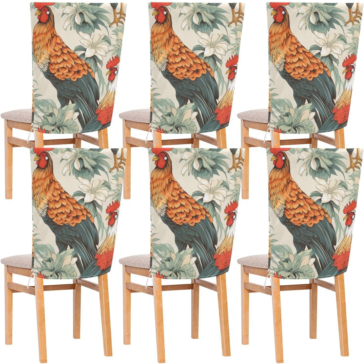 ALAZA Rooster White Flowers Chair Back Cover Set of 6, Washable Reusable Removable Chair Slipcovers Decorative Chair Cover for Home Kitchen Wedding Party