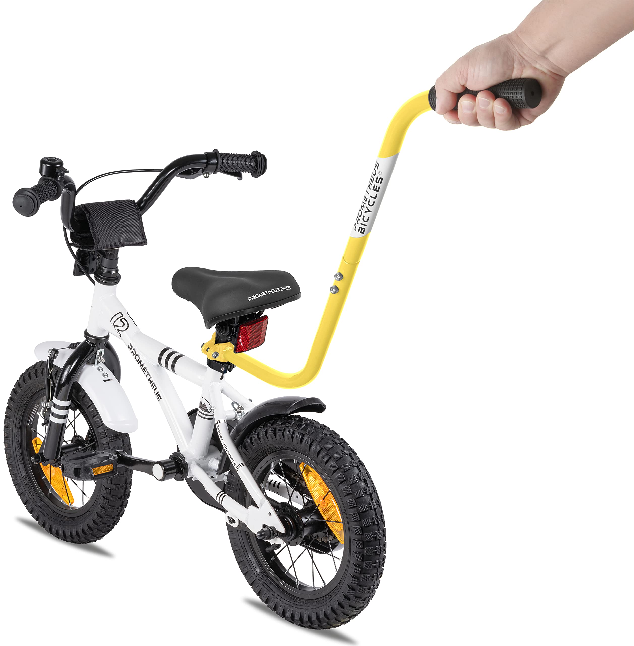 PROMETHEUS BICYCLES Barra aprendizaje bicicleta niños | Barra de empuje bicicleta infantil | Palo bicicleta niño aprendizaje universal - divisible antideslizante estable (amarillo)