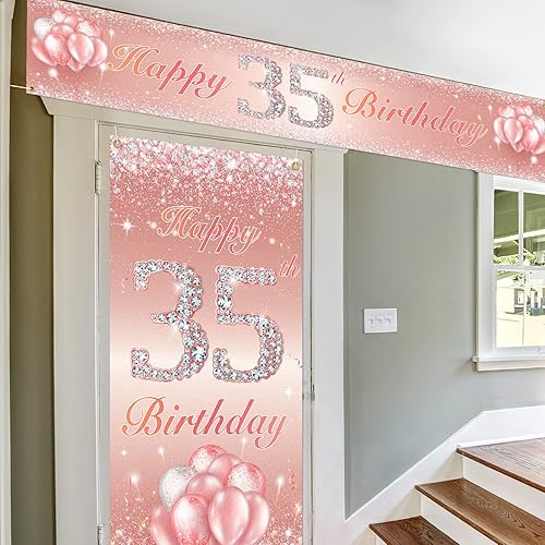 Miniatura 5 de Juego de carteles largos de feliz cumpleaños 35 para puerta, porche, decoración de cumpleaños de 35 años, suministros de fiesta para mujeres, oro