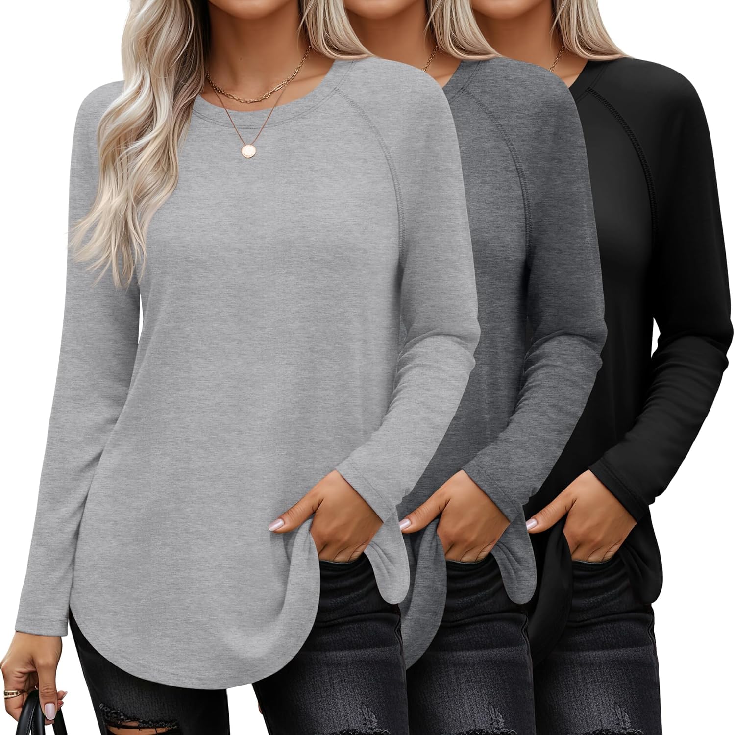 Ficerd 3 Pack Women's Long Sleeve T-Shirts Crew Neck Raglan Sleeve Casual Loose Fit Shirts Side Split Curved Hem Tunic Tops