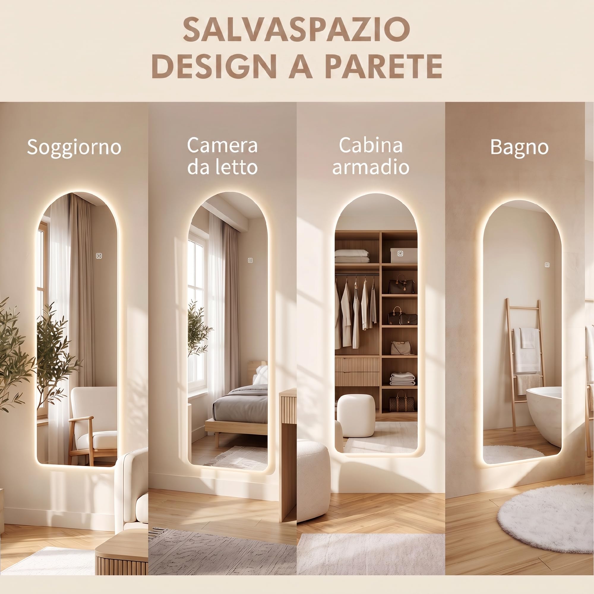 HOMCOM Specchio da Parete ad Arco LED Regolabile 40x3x120 cm Trasparente | Illuminazione, Controllo Touch, Specchio Illuminato, Vetro Temperato, Funzione Memory
