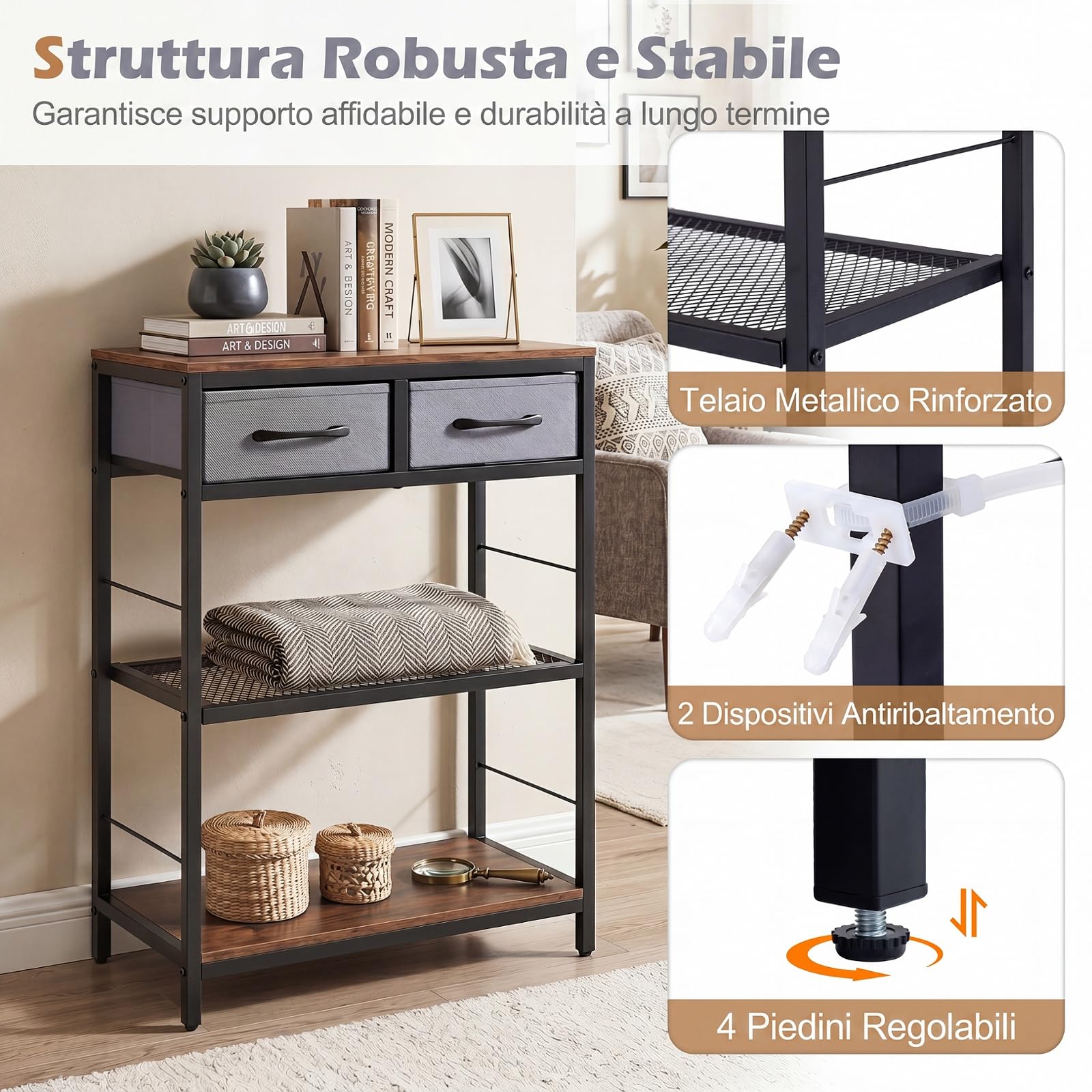 COSTWAY Tavolino Salotto Stretto, Tavolo Consolle da Ingresso con 2 Cassetti in Tessuto e 2 Ripiani Aperti, Comodino Moderno in Legno per Soggiorno, Corridoio e Camera da Letto, 60x30x81 cm (Marrone)