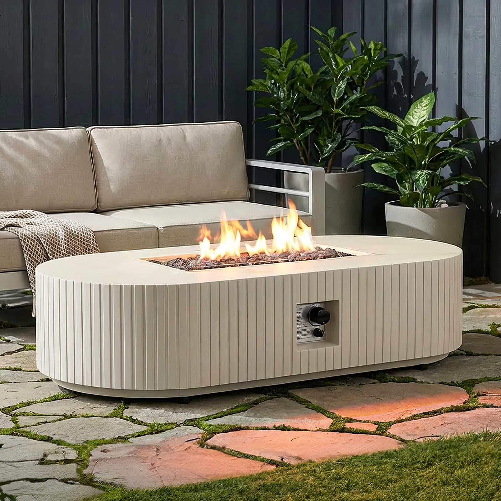 60" Oval Propane/Natural Gas Fire Pit Table, 50000 BTU Outdoor Patio, Beige