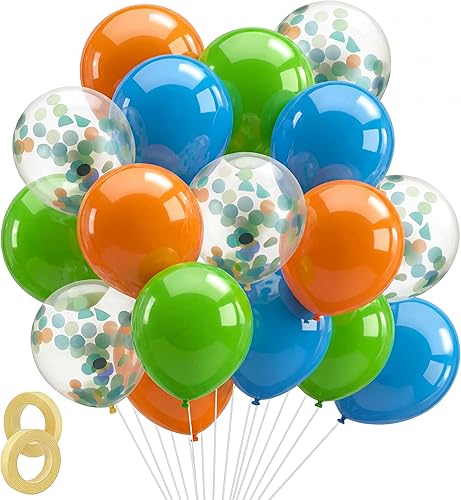 Gejoy 60 globos de fiesta de dinosaurio de 12 pulgadas, globos de látex verde fruta, azul y naranja, con confeti para arco de guirnalda de