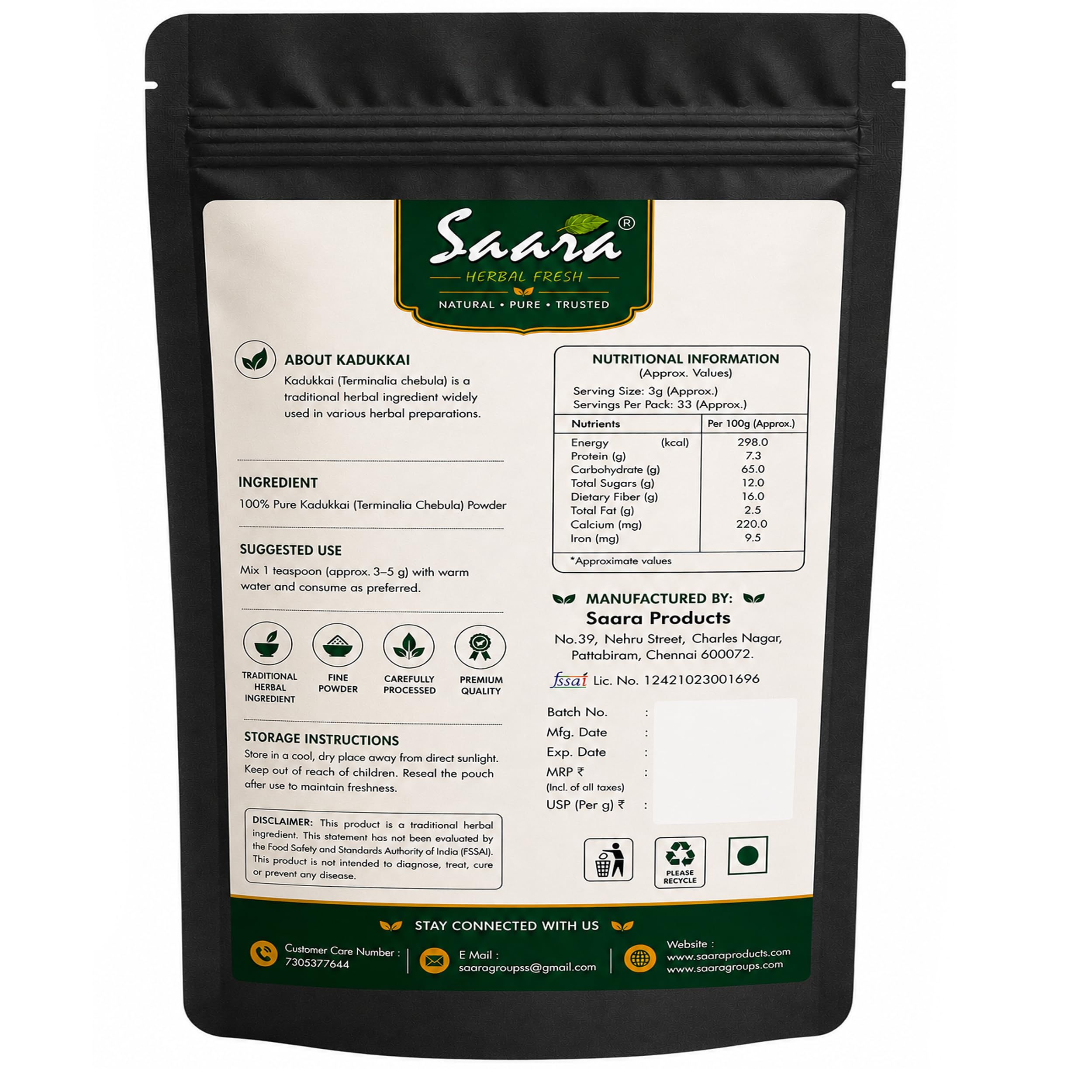 Saara HERBAL FRESH Kadukkai Powder, 200g, Haritaki, Harad, Terminalia Chebula, Karakkai, Black Myrobalans Powder,(pack of 2 x 100g) — Amazon image 2