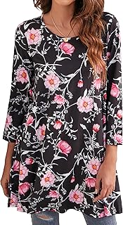 Enmain Womens Tunic Top 3/4 Long Sleeve Tunics for Women UK Plus Size Round Neck Longline Tops for Leggings Ladies Swing T Shirt Casual Loose Stretch Comfortable Blouses Shirts S-5XL