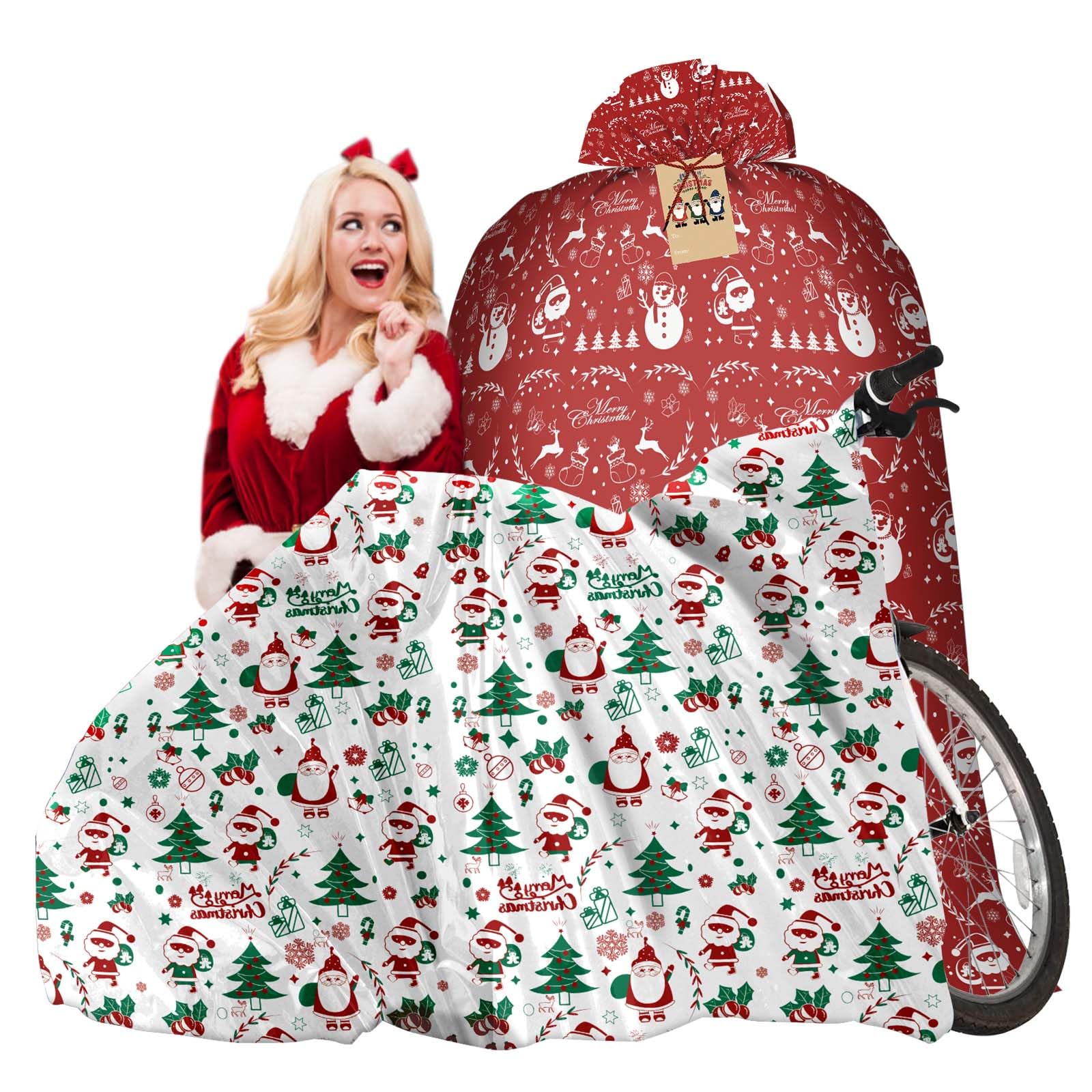 Hommay Christmas Bike Gift Bags 2 Pack, 72”x60” Giant Huge Gift Bag, Extra Large Christmas Gift Bags for Presents, Bicycle (Red & White)
