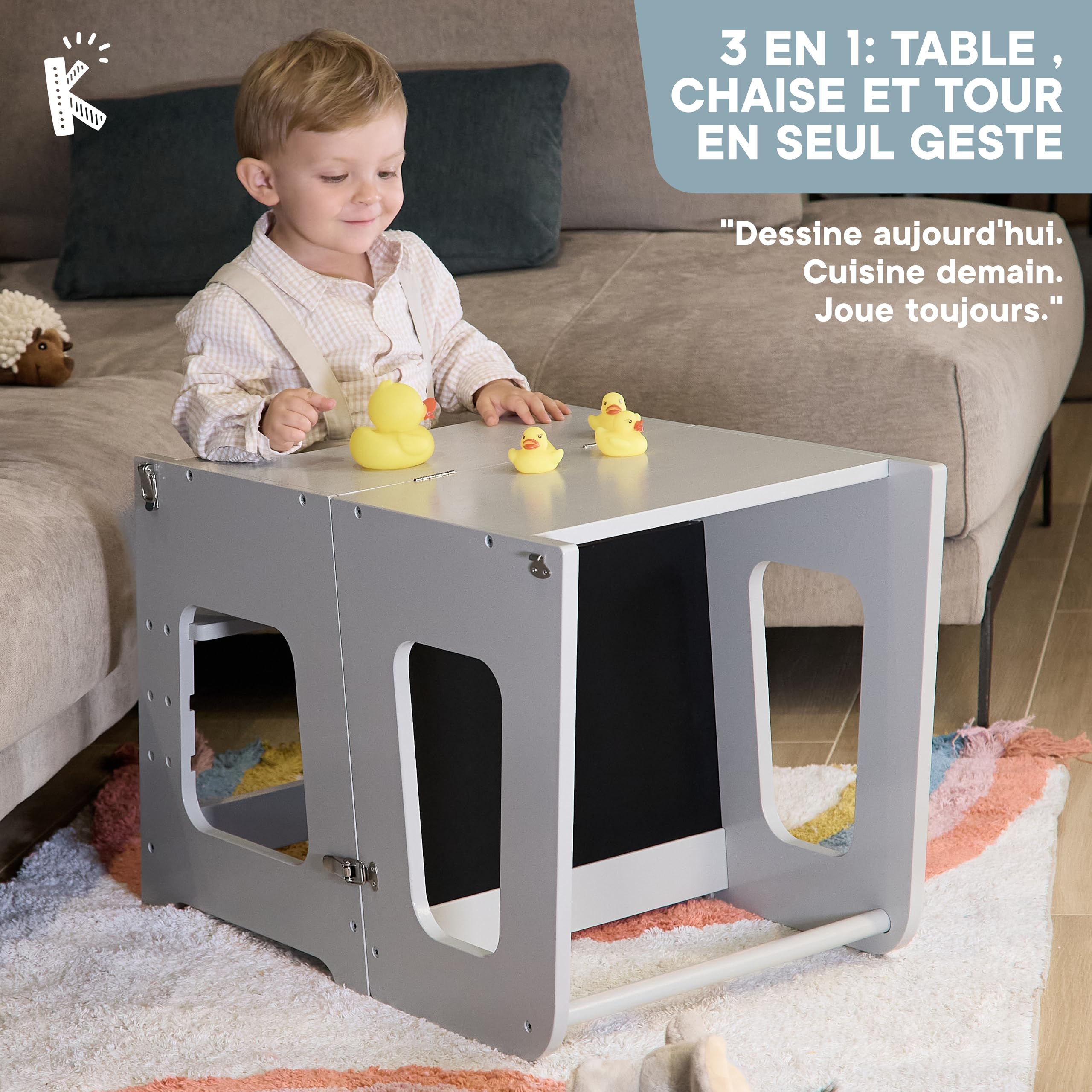 Tour d Observation Enfant en Bois Convertible en Bureau et Tabouret - Tour d'Observation Montessori avec Design Breveté, Fermetures de Sécurité, Finitions Haut de Gamme, Fonction 2-en-1 (Gris)