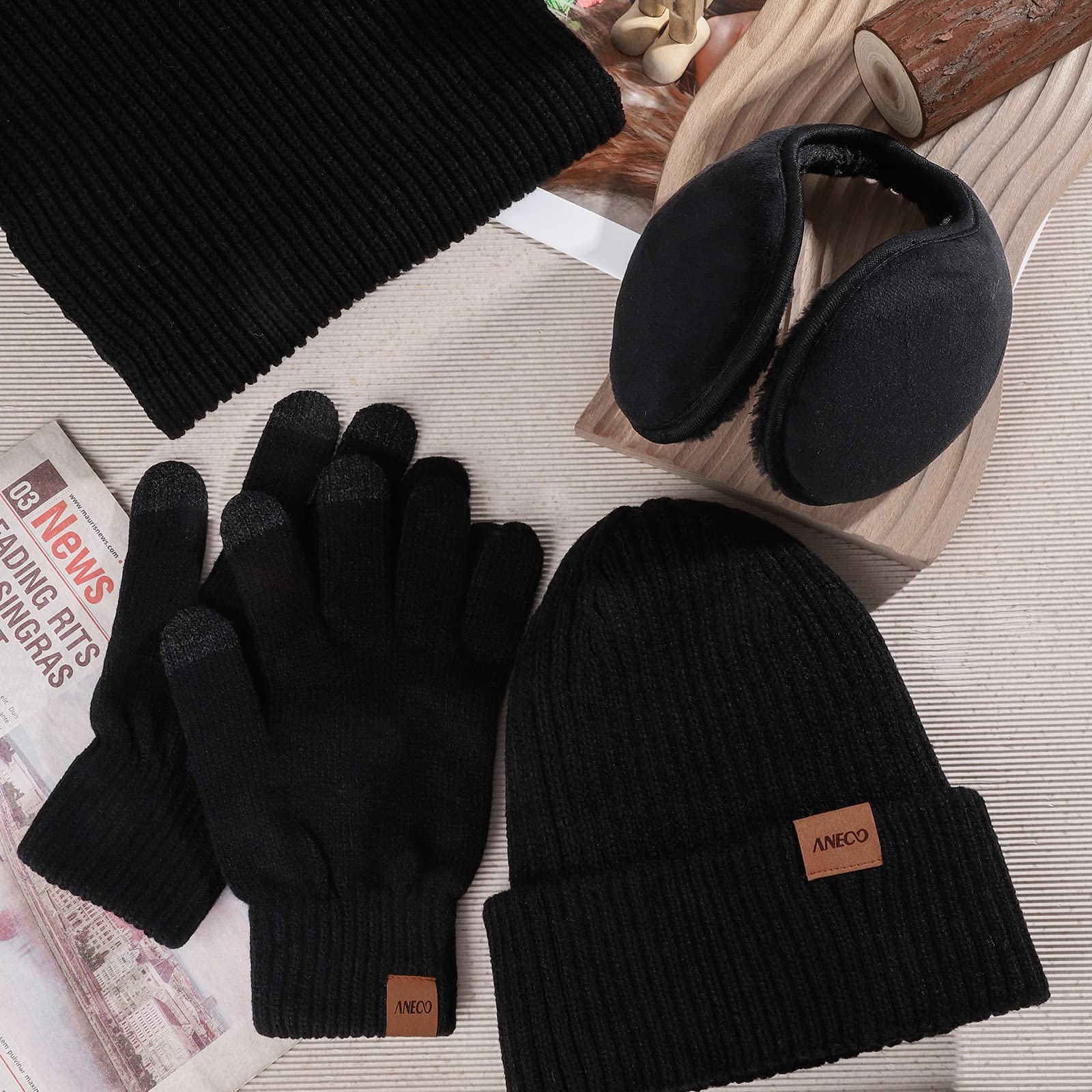 Aneco Guanti in maglia invernale per gli uomini sciarpa più calda cappello beanie paraorecchie termiche guanti touchscreen set per uomini donne