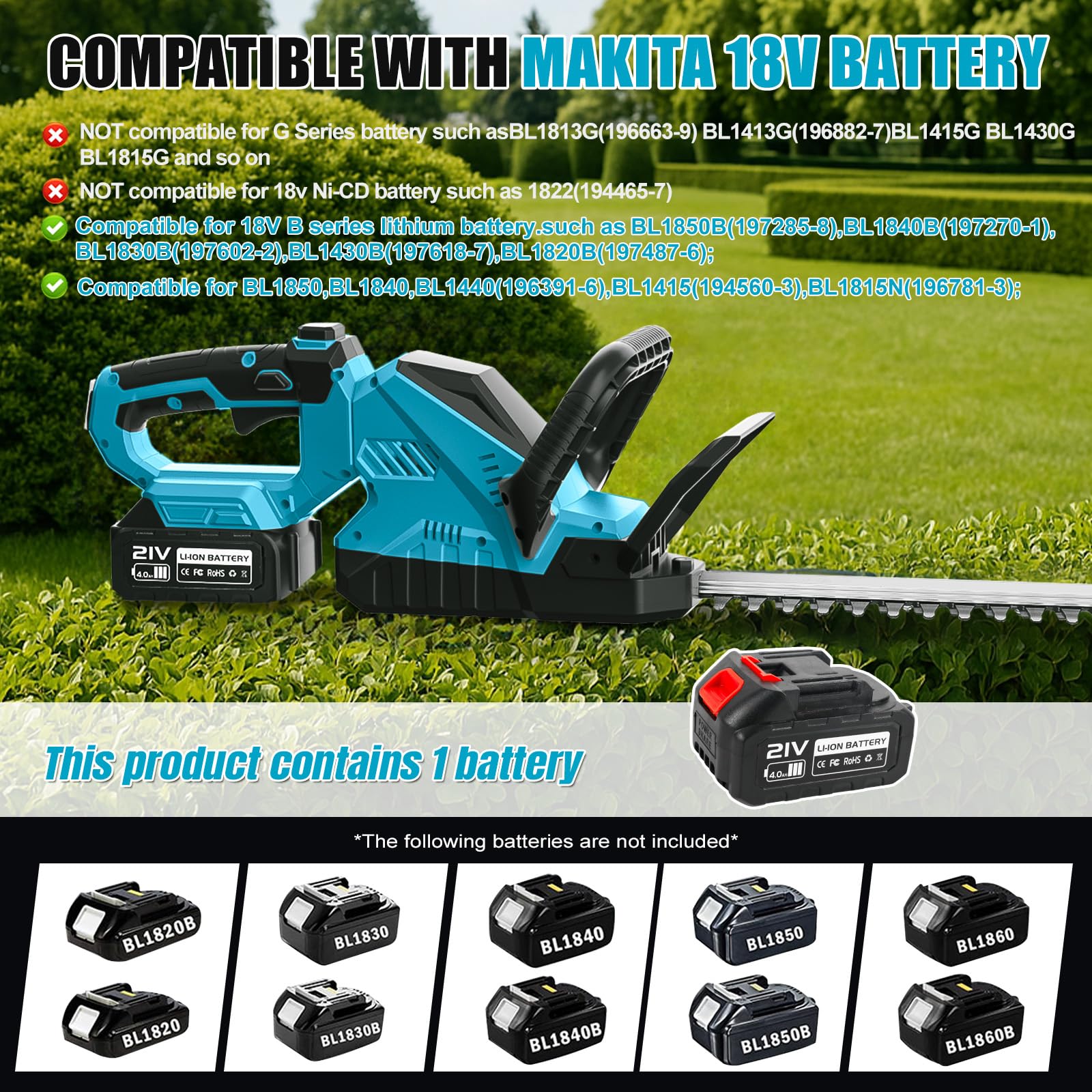 Accu-grasschaar 2-in-1 handheggenschaar voor Makita 18V accu, elektrische heggenschaar met 2 messen voor struiken, tuin, gras en snoeien (geen batterij