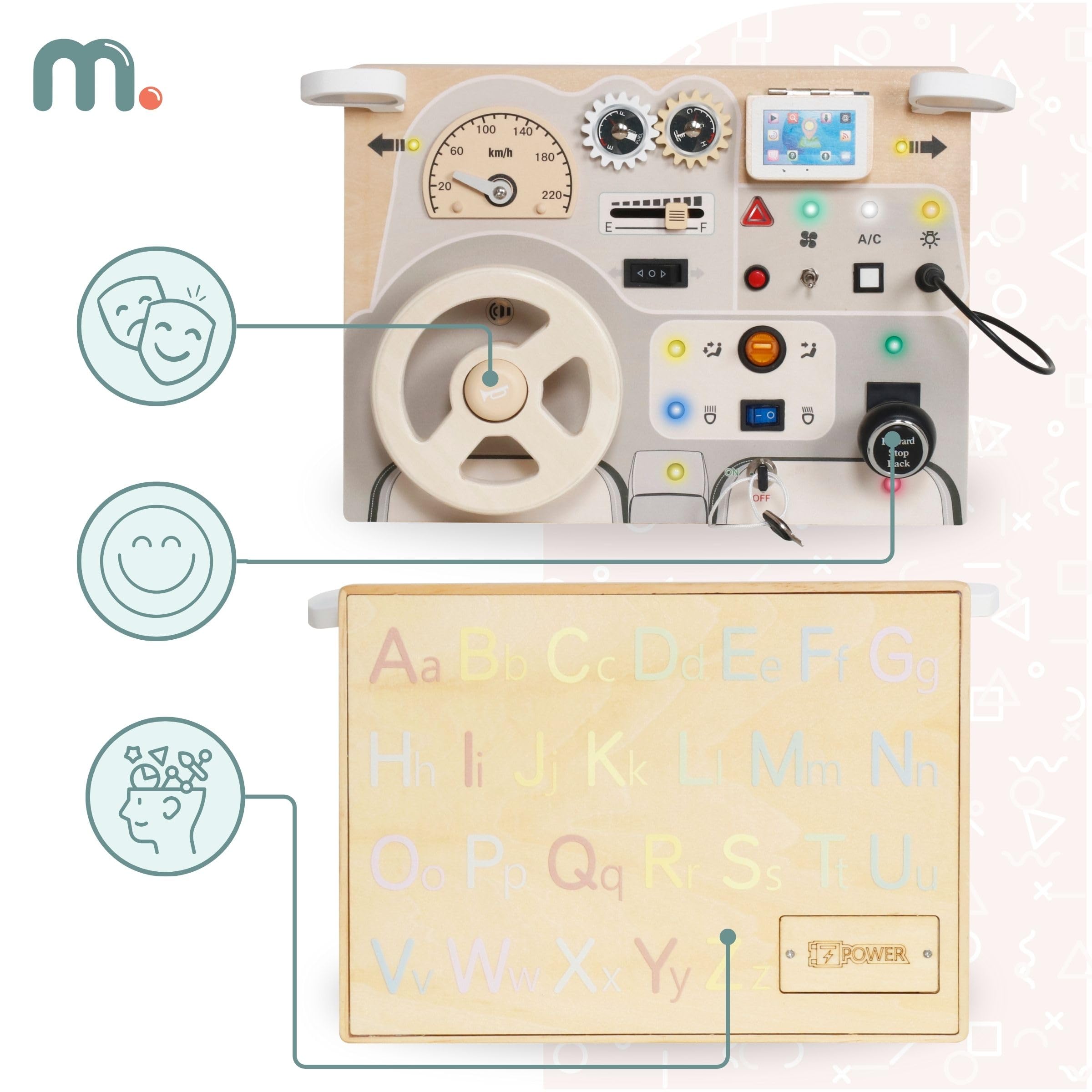 Mamabrum Tavola Sensoriale XL In Legno A Tema Spazio, Gioco Educativo Per Bambini 18+ Mesi, Con Ruote E Labirinto