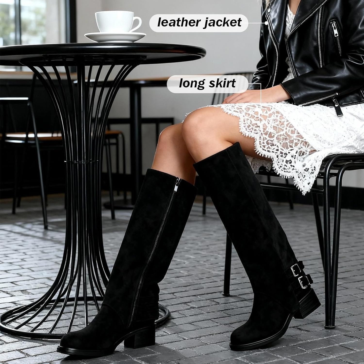 Putu Women's Fold Over Boots Flat Knee High Boots Faux Suede - Image 3