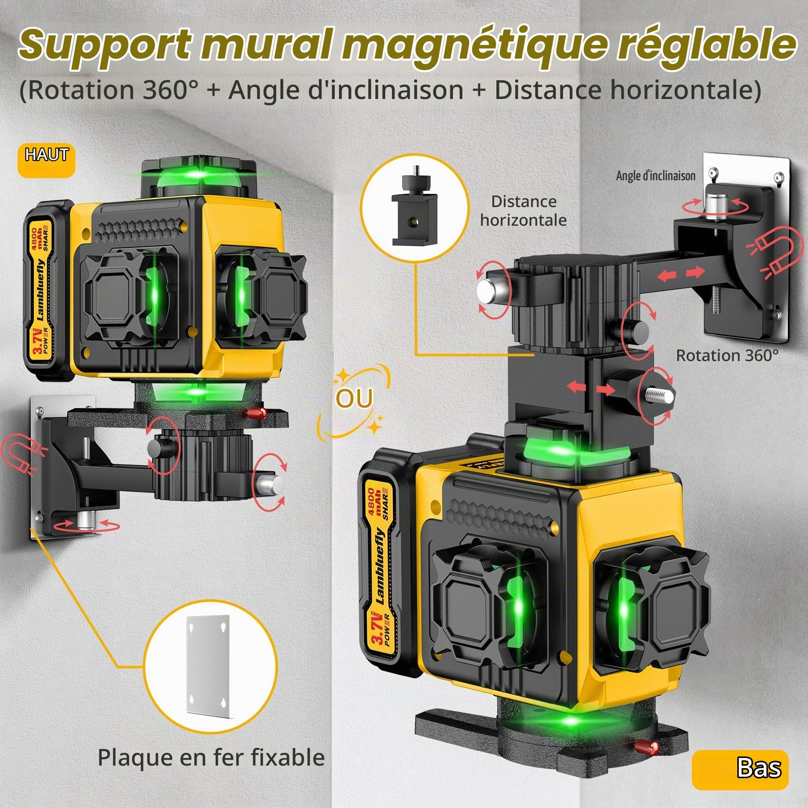 Niveau Laser avec Trepied 4 x 360°, 4D 16 Lignes Laser Chantier avec 2x4800mAh Batterie, Niveau Laser 360 Autonivelant avec Affichage LED, Télécommande, APP, IP54 Étanche et Anti-Poussière