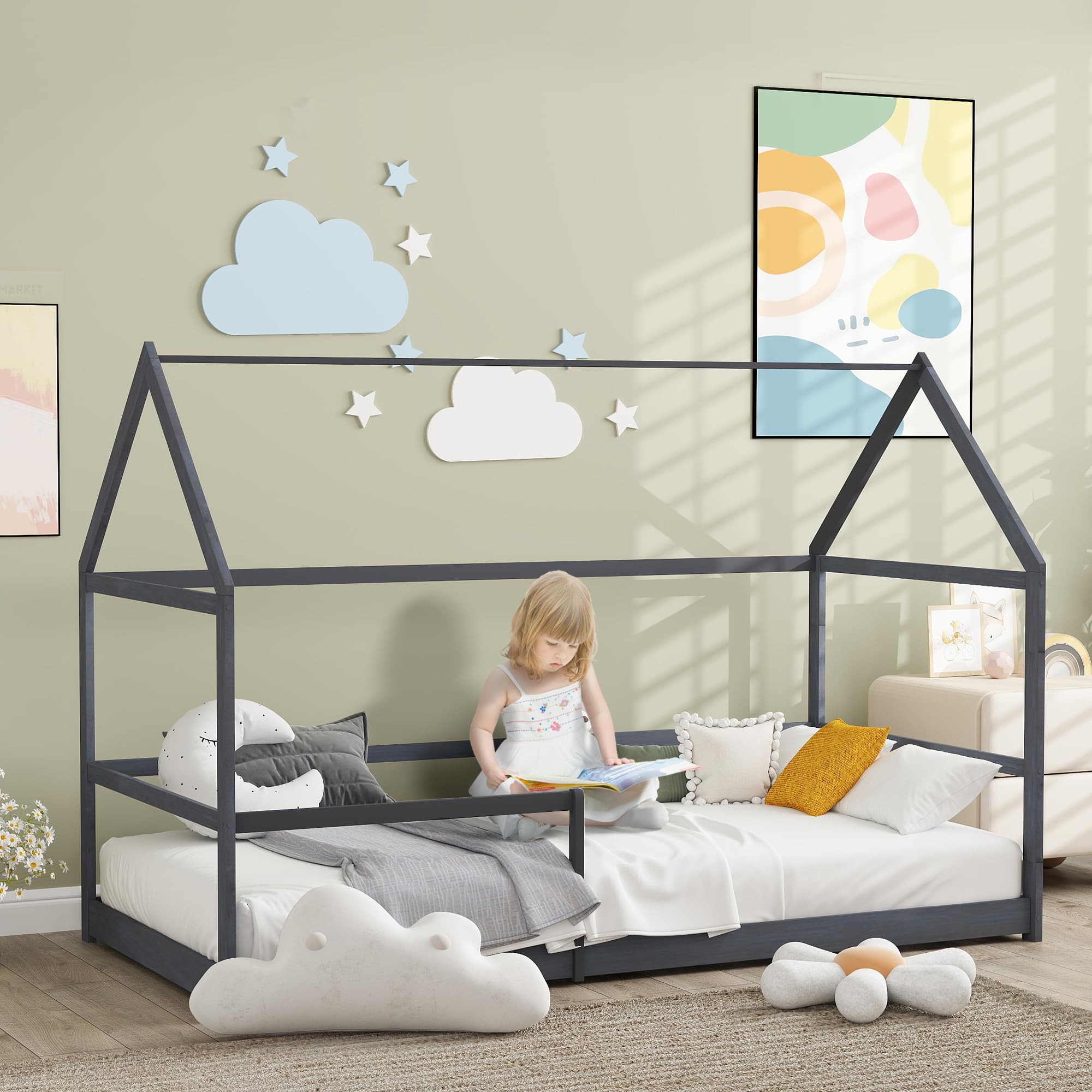 AIYAPLAY Letto A Capanna Per Bambini 90x190 Cm, Struttura In Legno Di Pino, Grigio, Con Sponde E Tetto, Per Età 3-8 Anni - 6