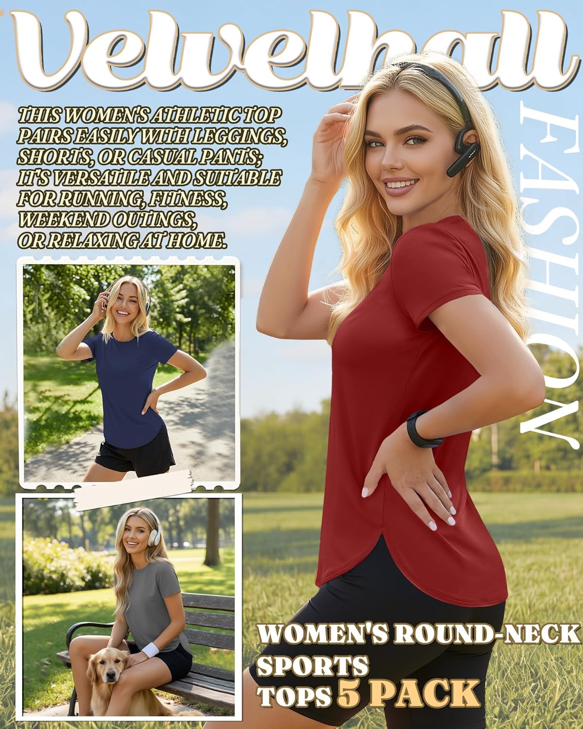 5 Pack Women's Workout Tops Athletic UPF 50+ T-Shirts Quick Dry Crewneck Short Sleeve Tees with Side Slits Shirts