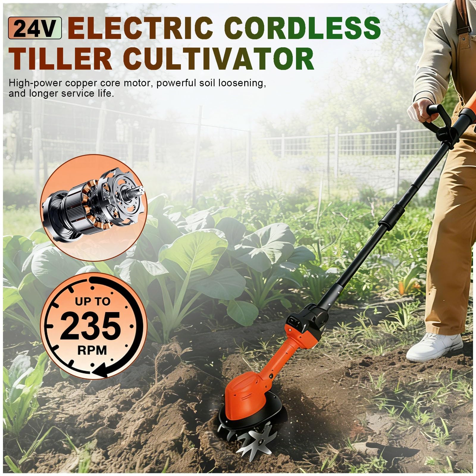 Motoazada eléctrica de jardín sin cables, motocultor de 24 V, dientes de acero de 4 filas, profundidad de 10 cm, barra extensible de 1,3 m, para la preparación del terreno y la jardinería