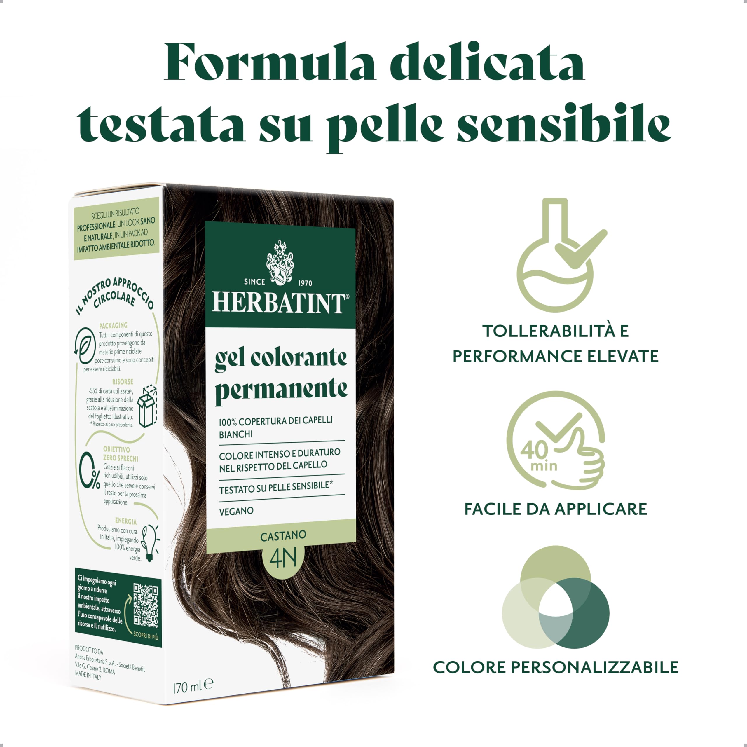 Herbatint Gel Colorante Permanente per Capelli 4N Castano - 170 ml | Senza Ammoniaca, 100% Copertura Capelli Bianchi | per Pelli Sensibili, con 8 Estratti Naturali Bio