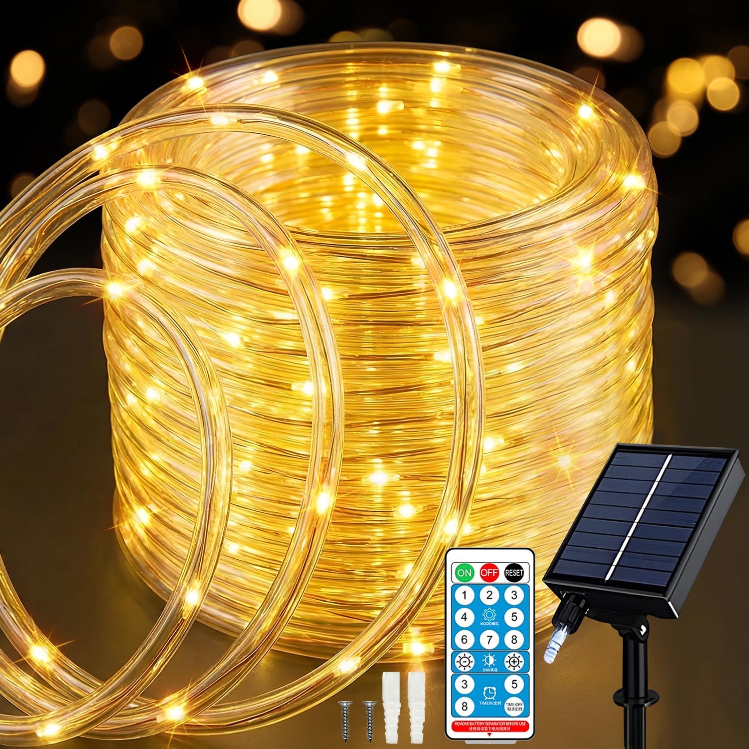 ANJAYLIA 66FT 200 LED Solar Rope Lights Outdoor Waterproof, Solar Powered Rope String Light with 8 Mode & Timer Remote, for Outdoor, Patio, Garden, Camping, Holiday & Christmas Décor Warm White